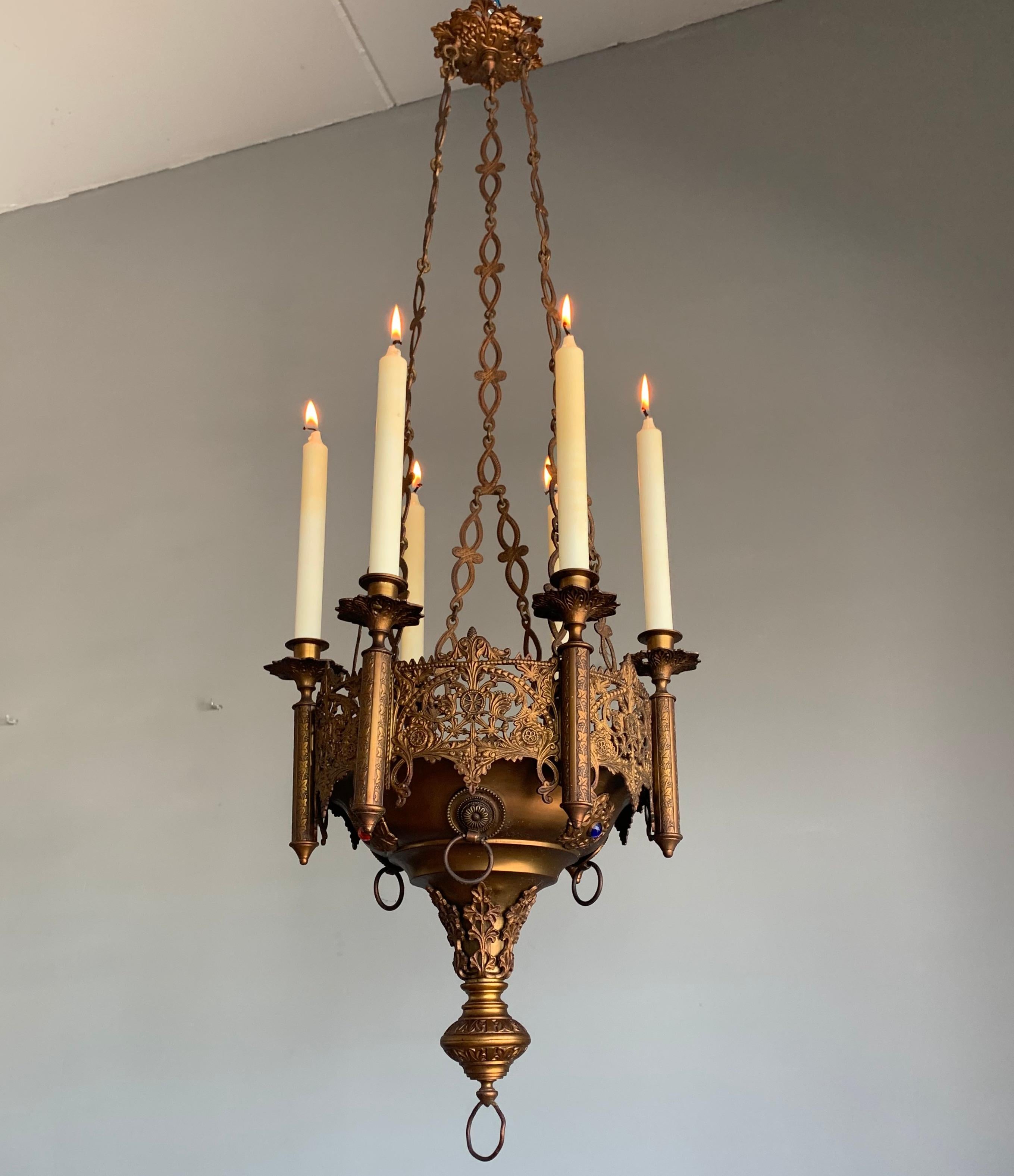 Gothic Revival Fine Bronze & Brass Church Chandelier / Six Candle Lamp / Pendant 11