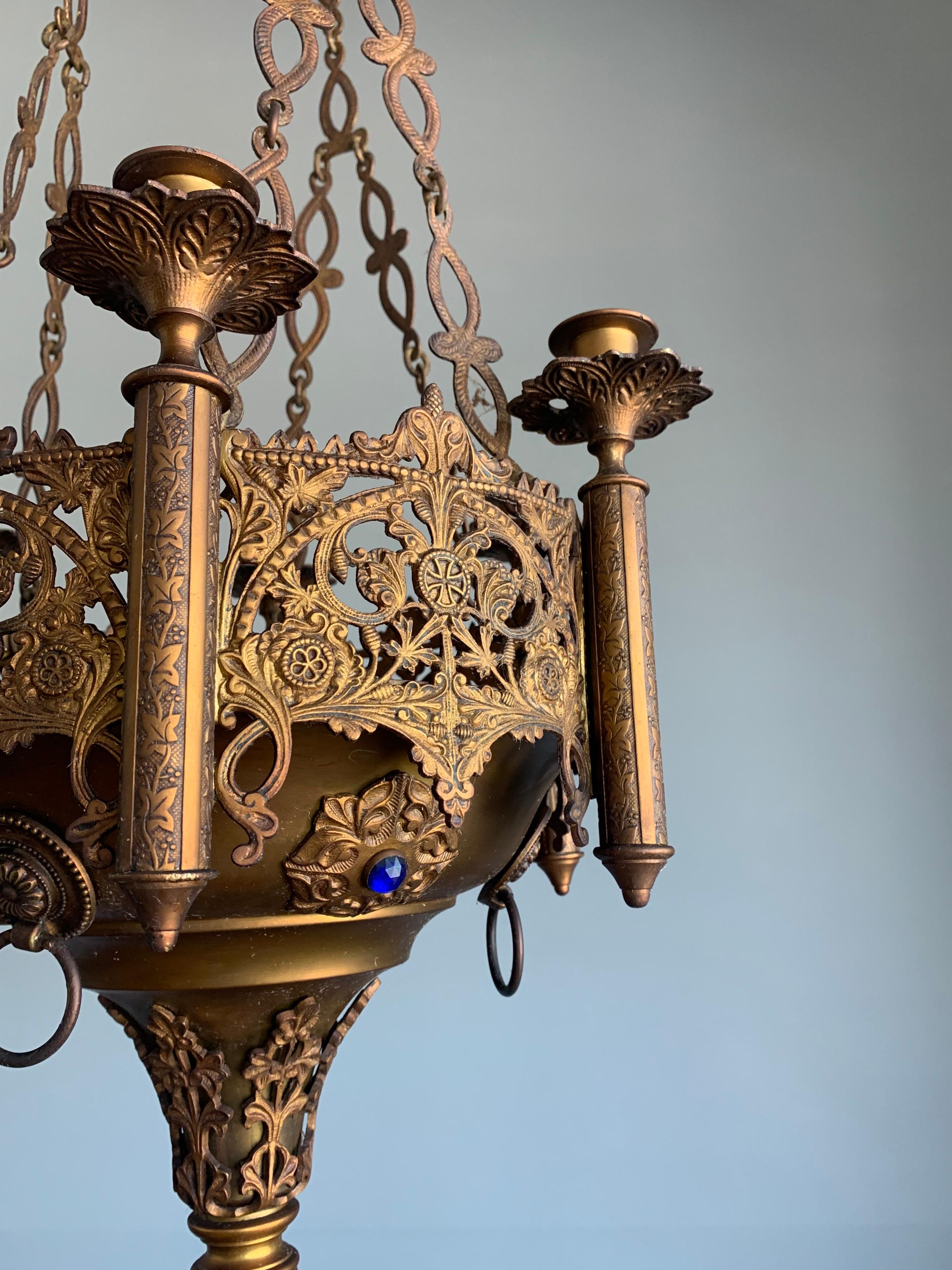 Gothic Revival Fine Bronze & Brass Church Chandelier / Six Candle Lamp / Pendant In Good Condition In Lisse, NL