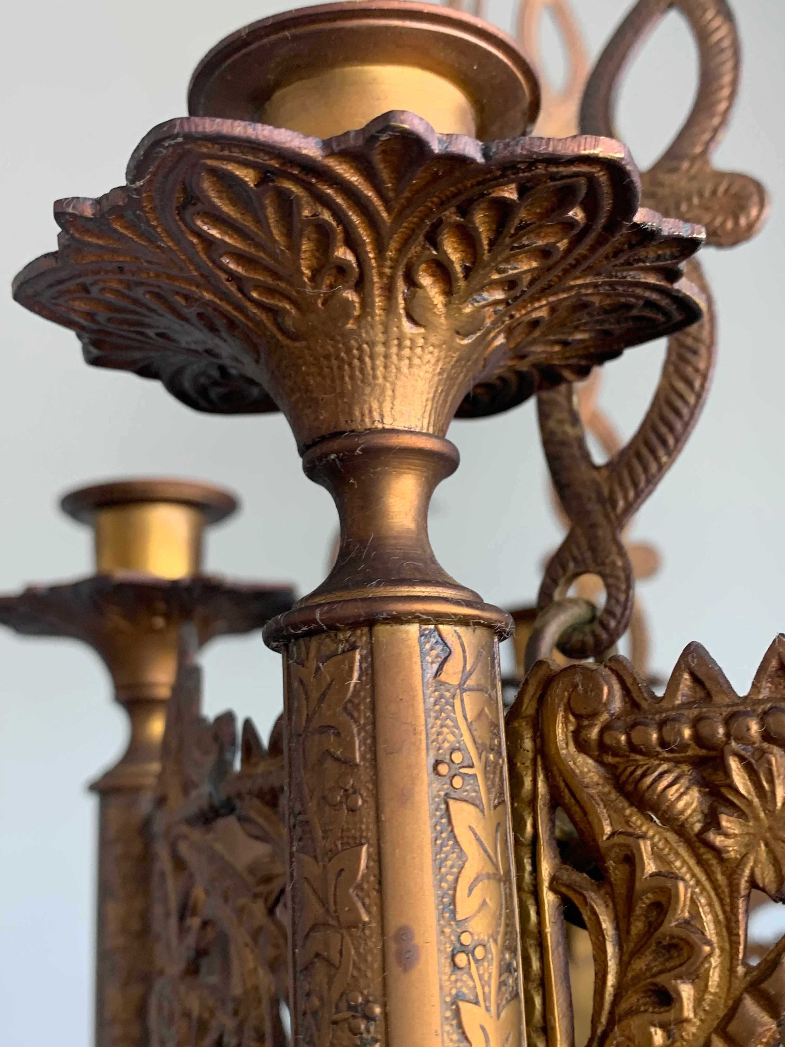 20th Century Gothic Revival Fine Bronze & Brass Church Chandelier / Six Candle Lamp / Pendant