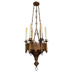 Antique Gothic Revival Fine Bronze & Brass Church Chandelier / Six Candle Lamp / Pendant