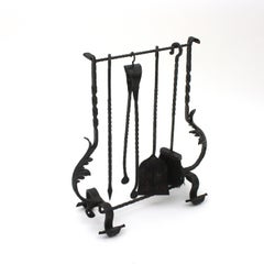 Gothic Revival Fireplace Tools Set in Wrought Iron with Foliage Motif, 1940s