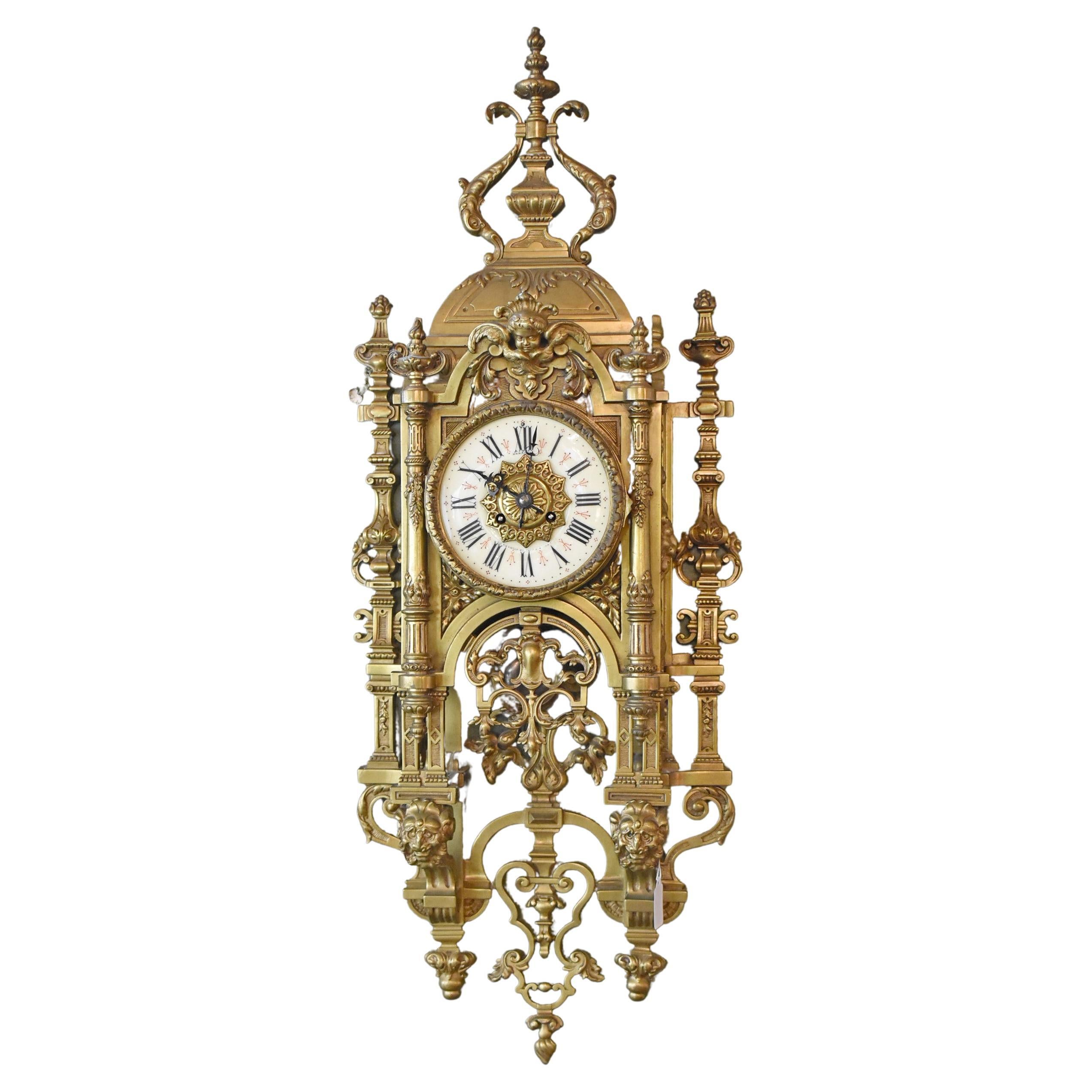 Gothic Revival French Ornate Bronze Wall Clock For Sale