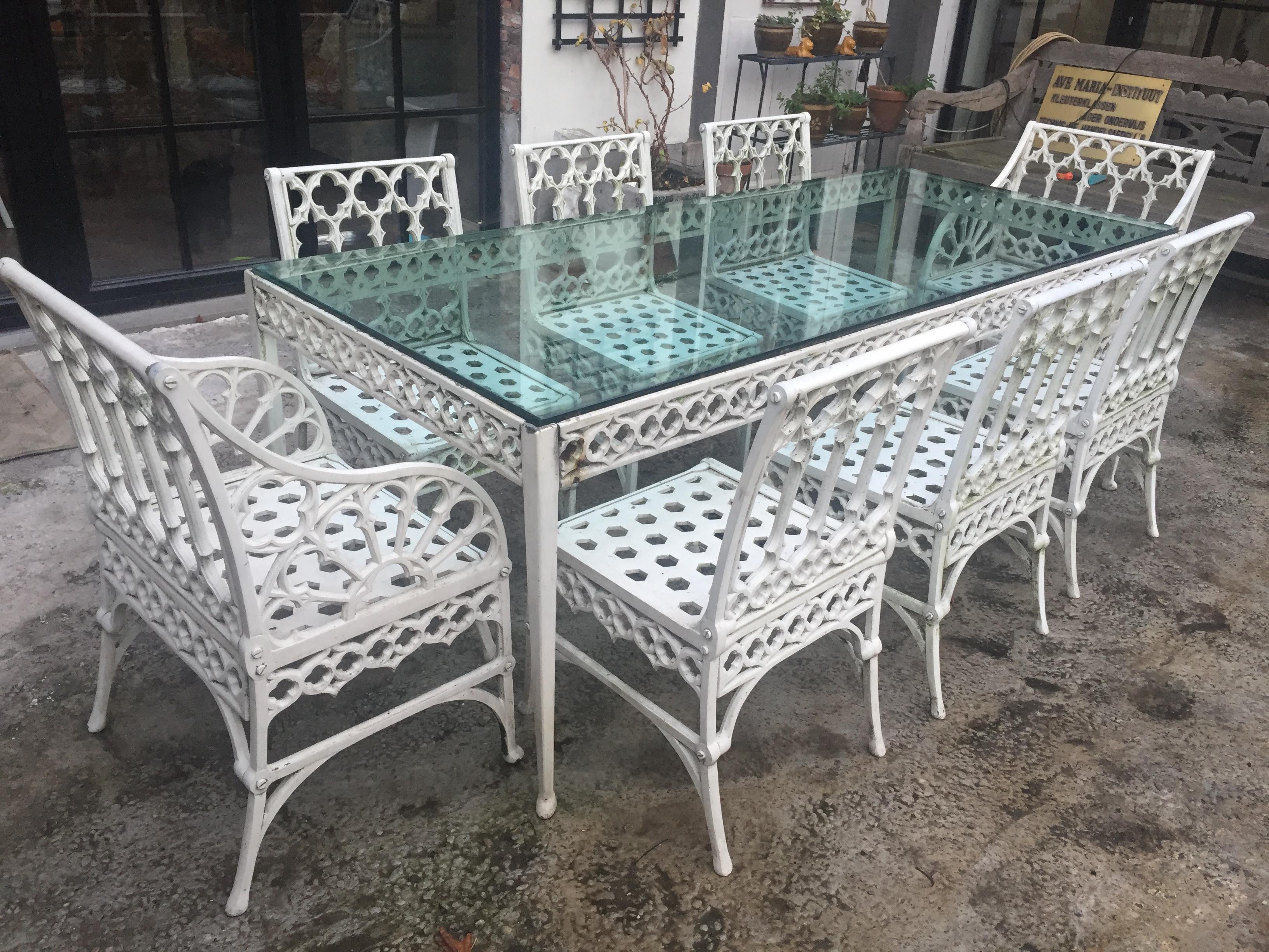 European Gothic Revival Garden Dining Set of 8 Chairs and Table