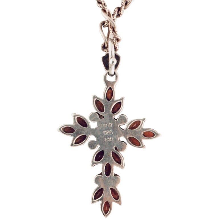 Exolette Gothic Revival Garnet & Silver Cross Pendant on Braided Amethyst In Good Condition For Sale In Pahrump, NV