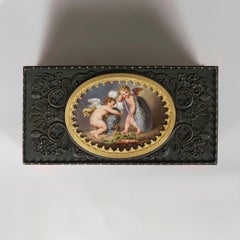 Gothic Revival Gilt and Patinated Bronze Inkwell with Porcelain Plaque