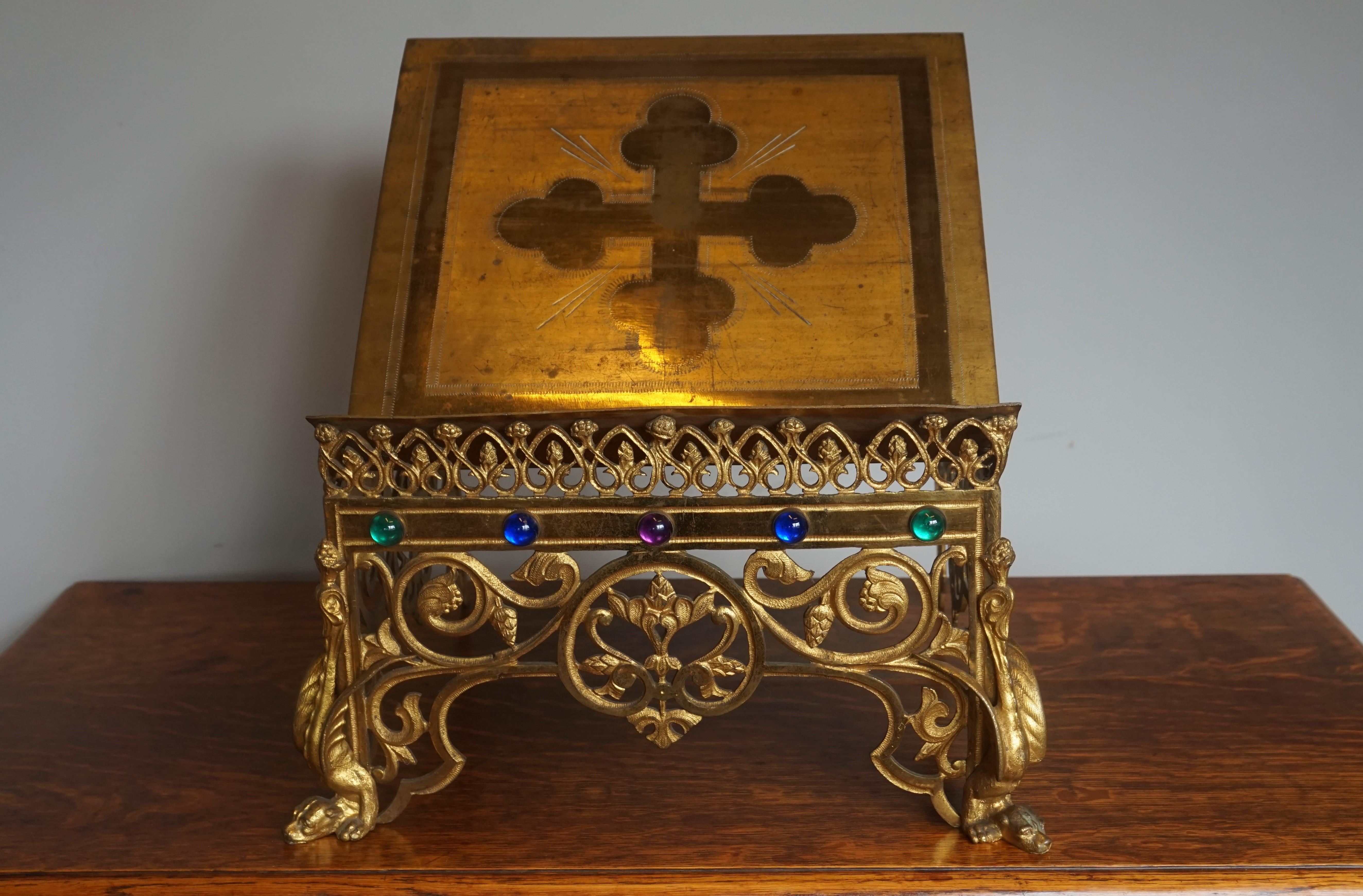 Gothic Revival Gilt Bronze Church Altar Bible Stand w. Dragon-Like Gargoyle Feet 4