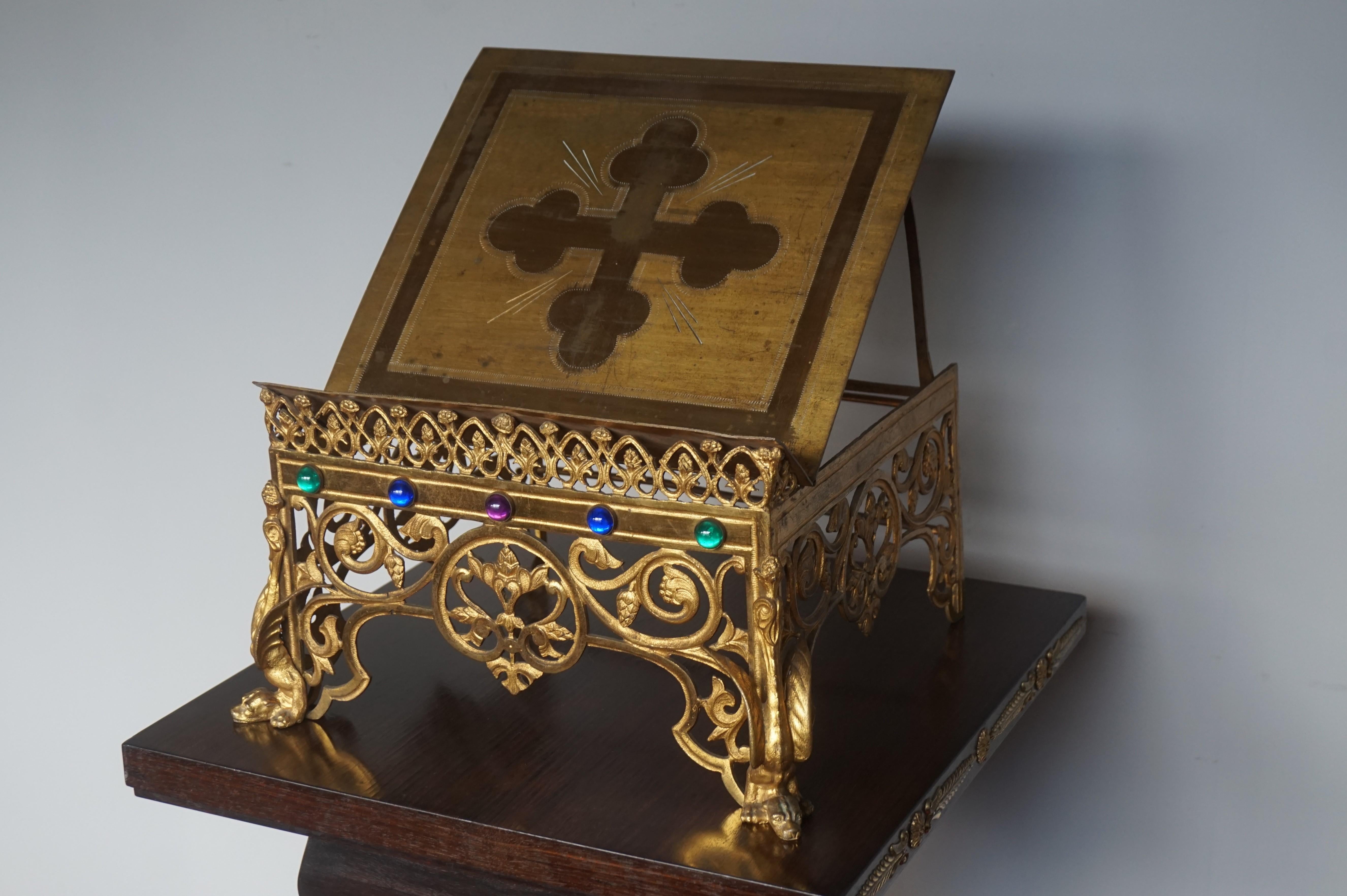 Gothic Revival Gilt Bronze Church Altar Bible Stand w. Dragon-Like Gargoyle Feet 6