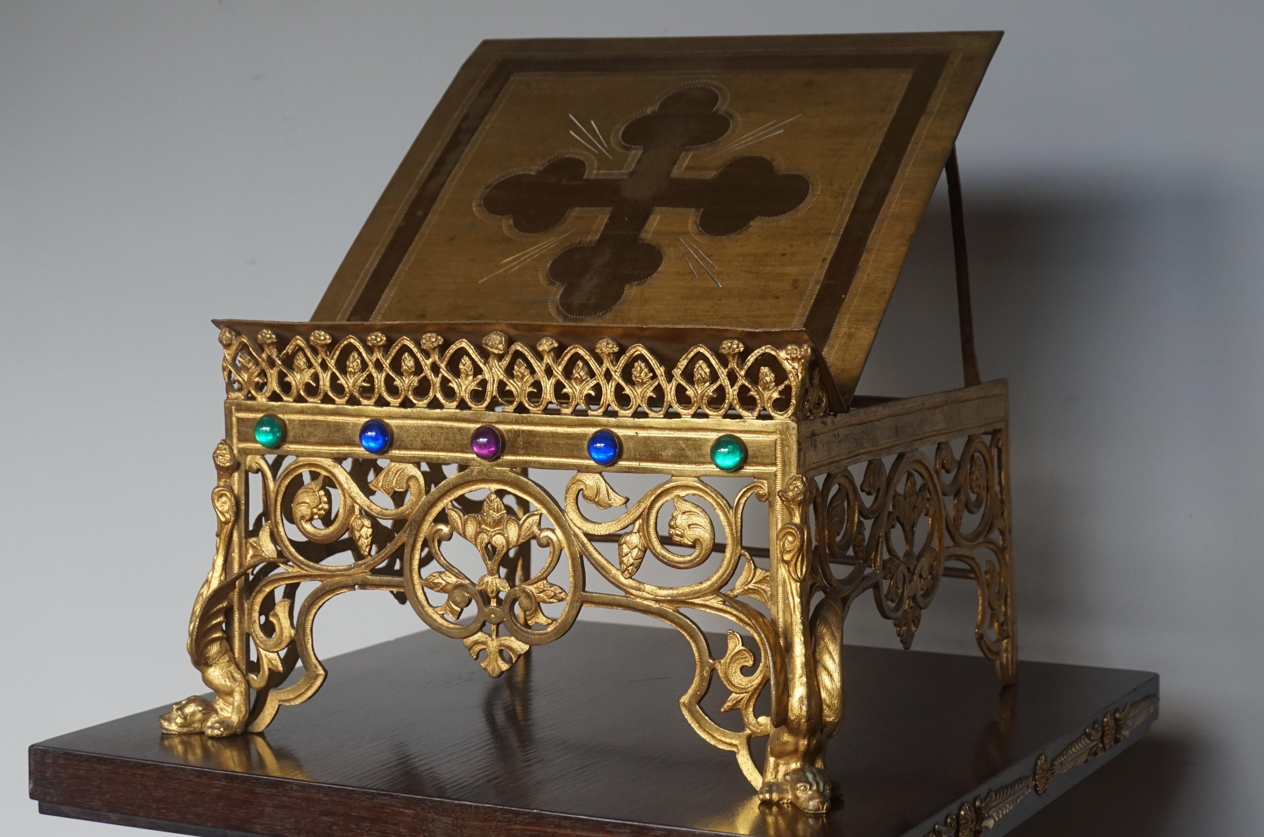 Gothic Revival Gilt Bronze Church Altar Bible Stand w. Dragon-Like Gargoyle Feet 9