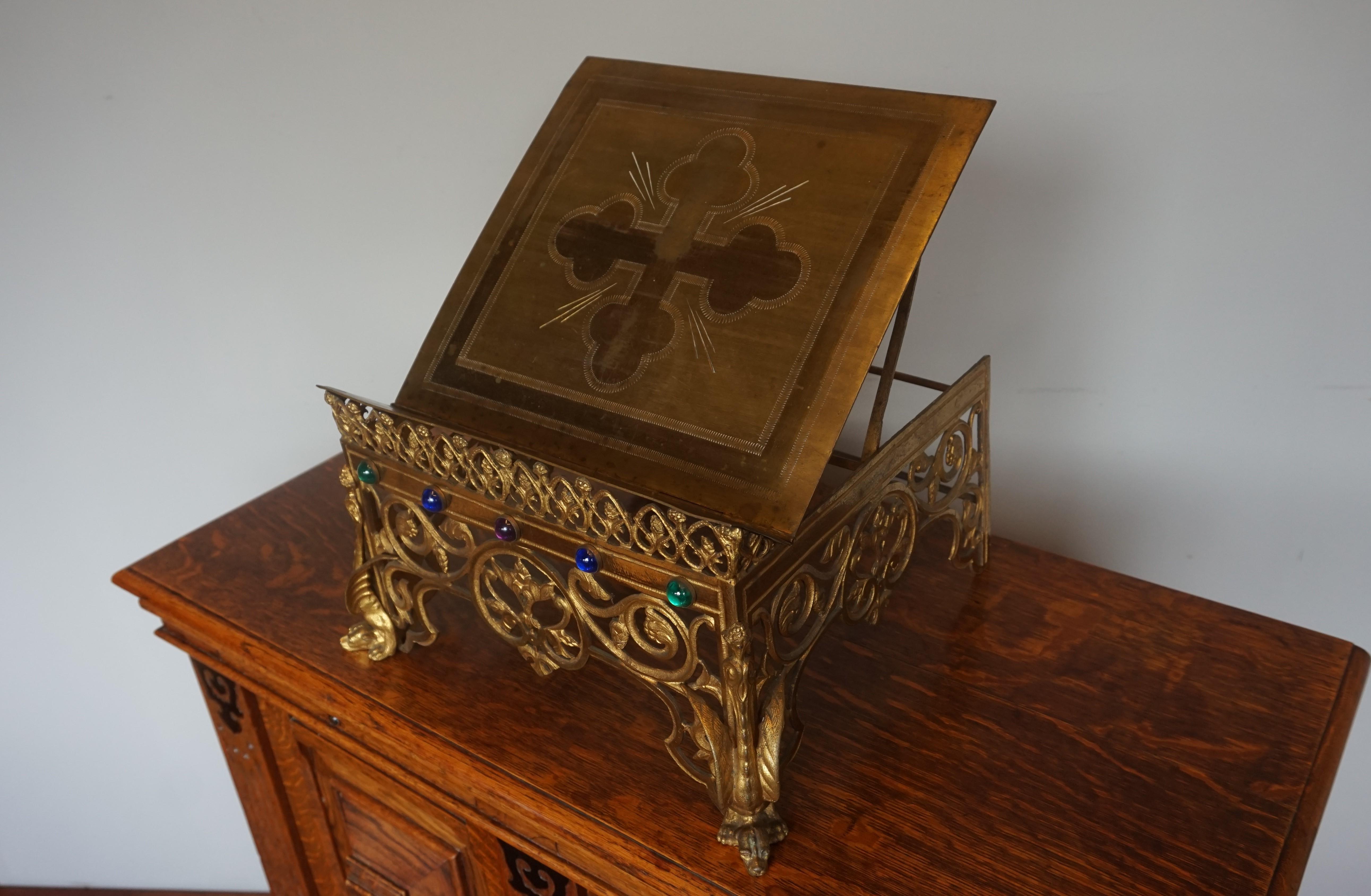 Gothic Revival Gilt Bronze Church Altar Bible Stand w. Dragon-Like Gargoyle Feet 10