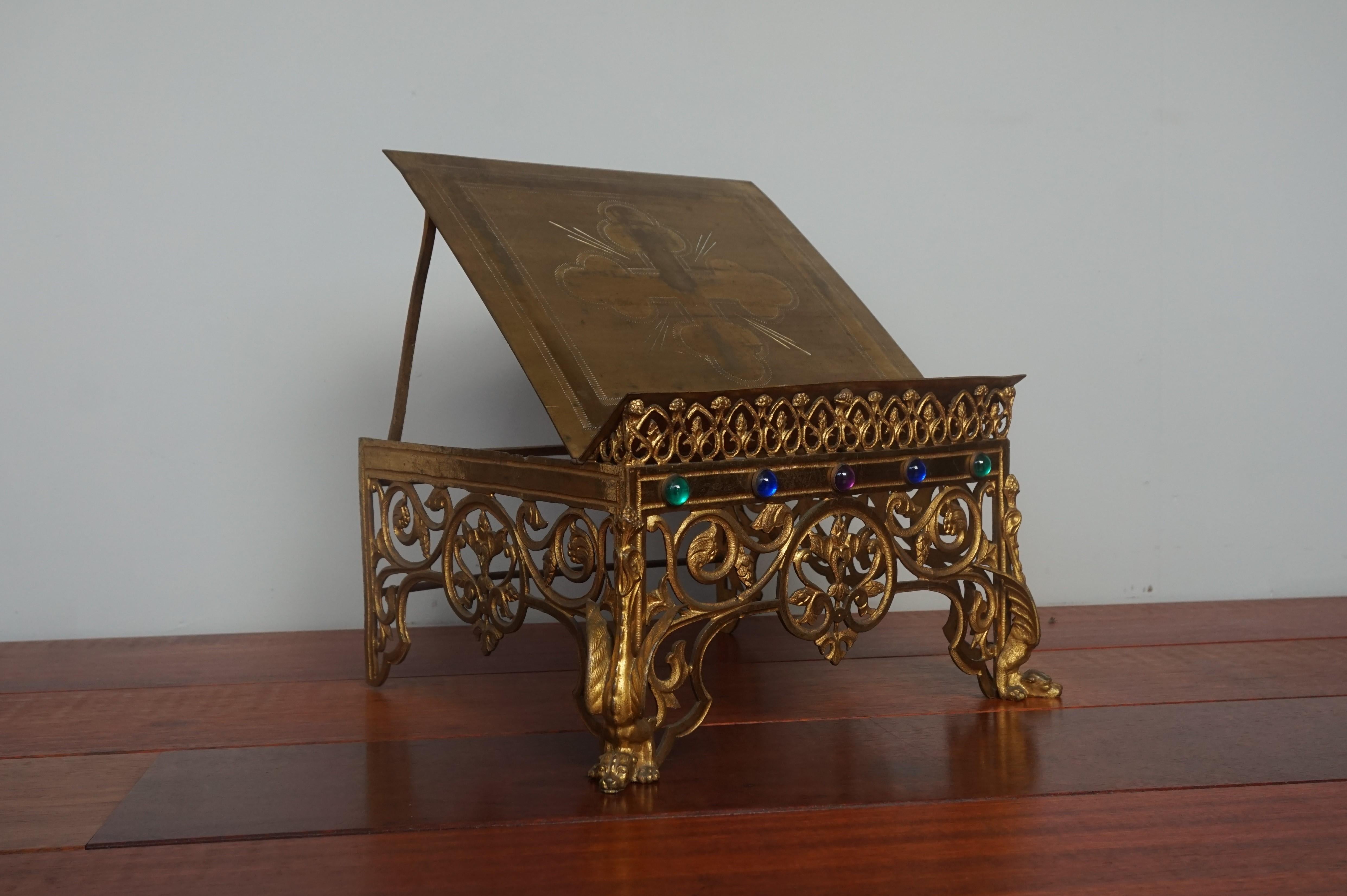 Gothic Revival Gilt Bronze Church Altar Bible Stand w. Dragon-Like Gargoyle Feet 11