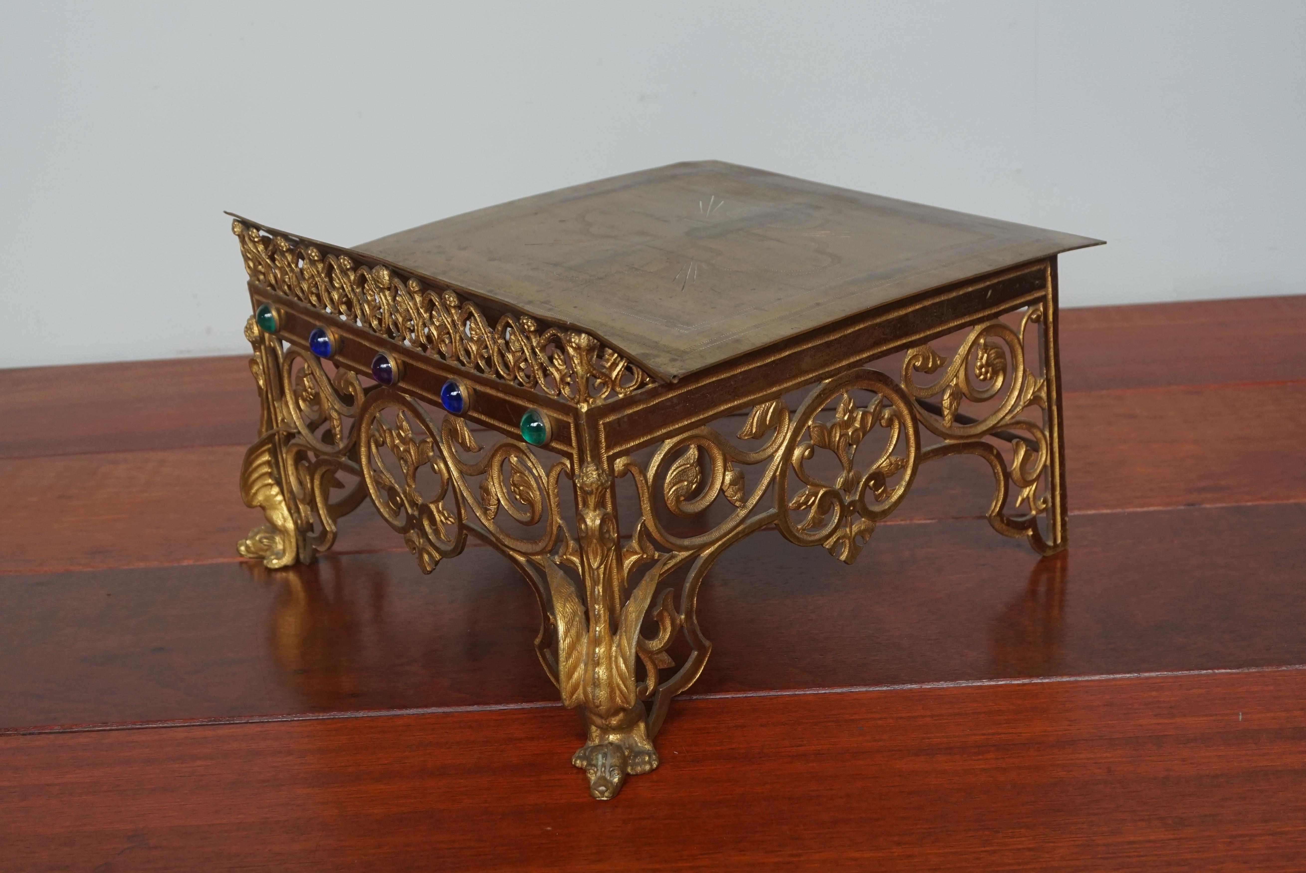 Engraved Gothic Revival Gilt Bronze Church Altar Bible Stand w. Dragon-Like Gargoyle Feet
