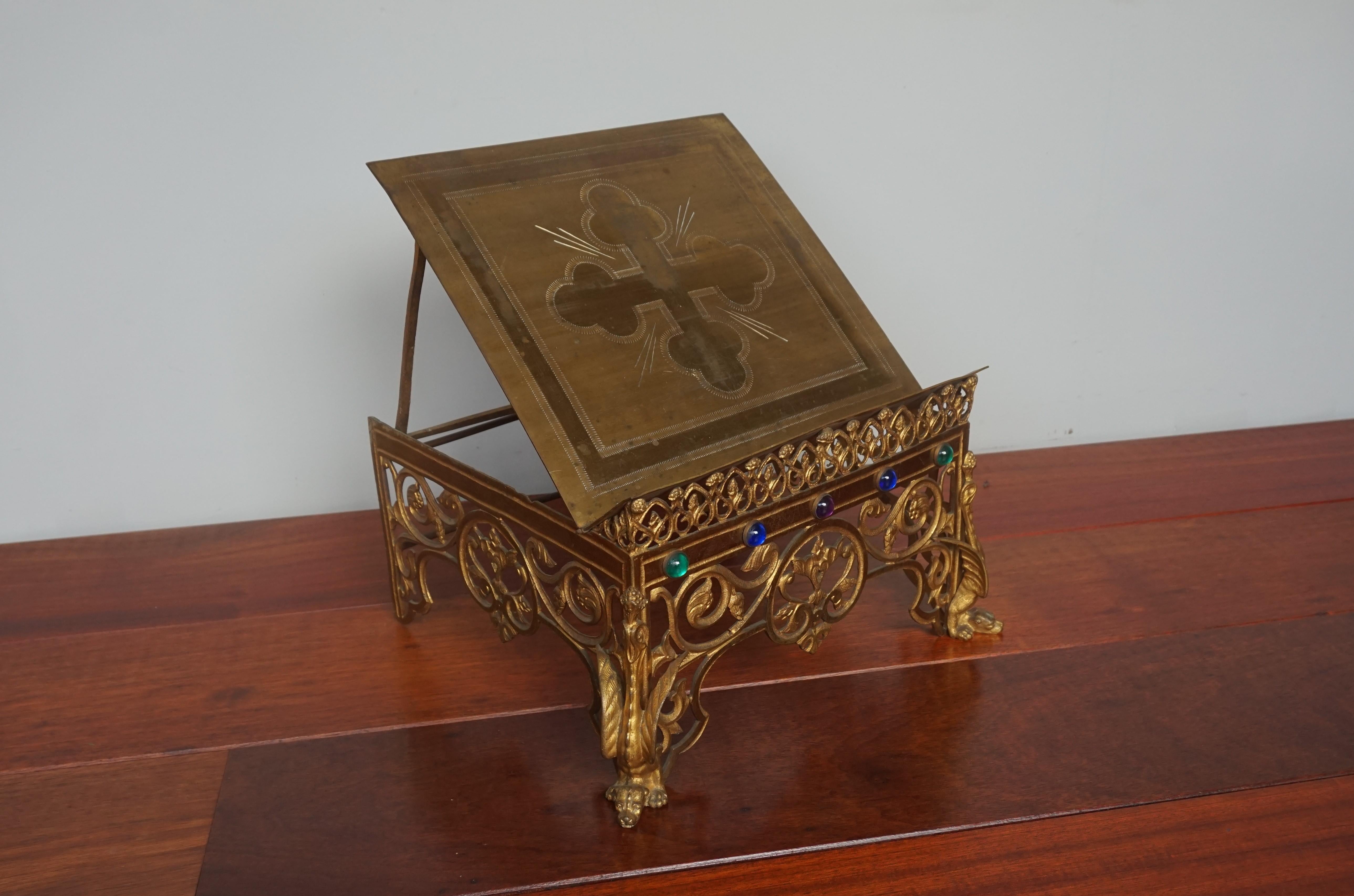 Brass Gothic Revival Gilt Bronze Church Altar Bible Stand w. Dragon-Like Gargoyle Feet
