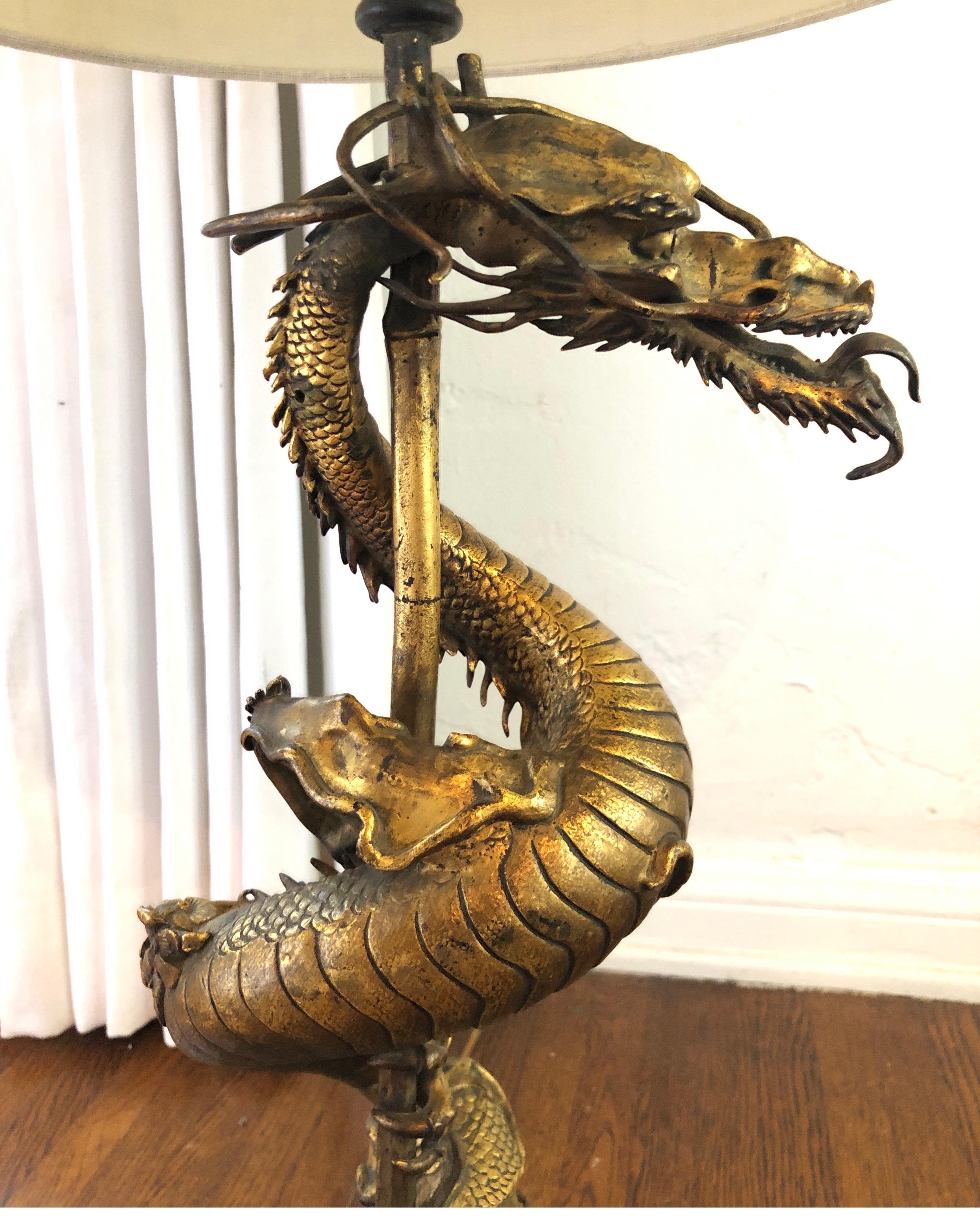 Gothic Revival Gothic-Revival Gilt Gold Bronze Dragon Lamp