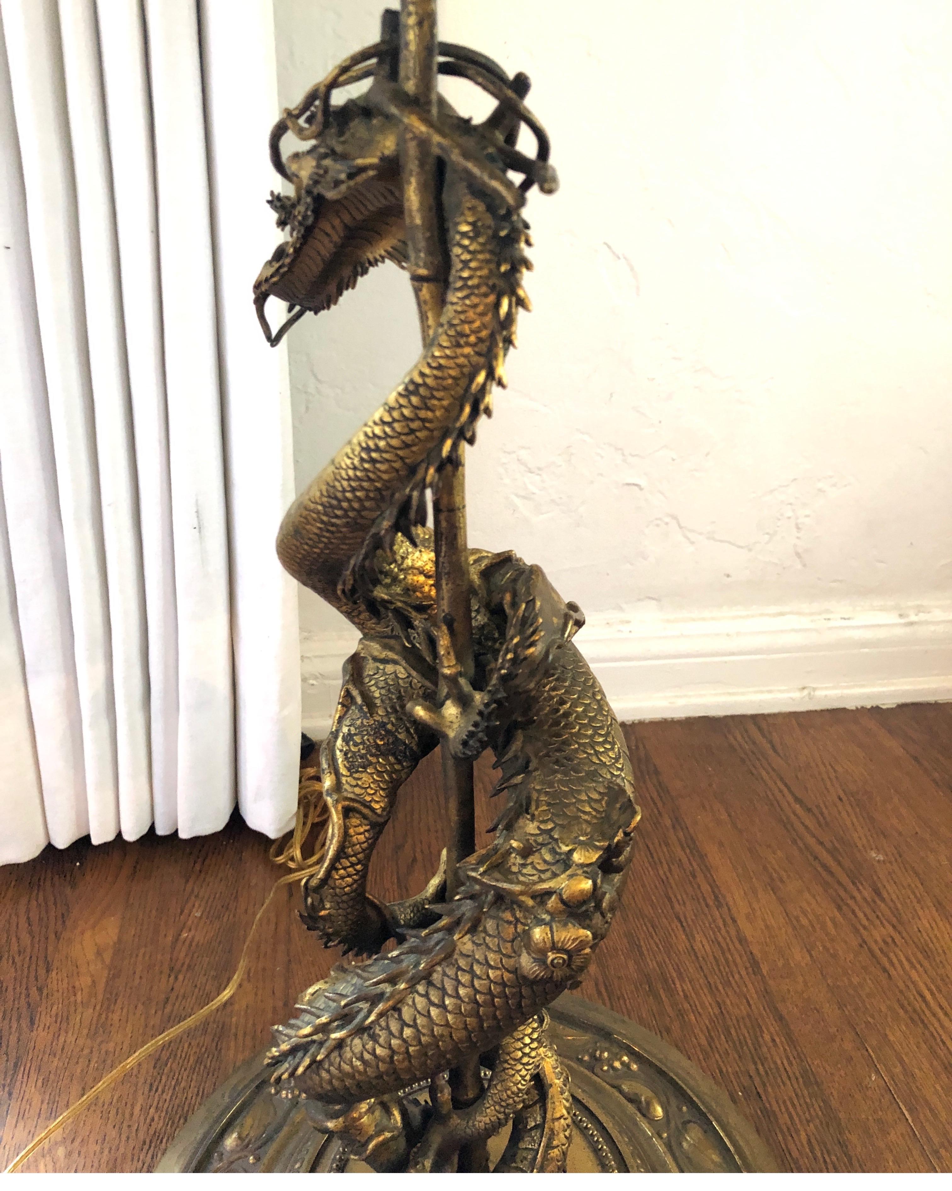 Gothic-Revival Gilt Gold Bronze Dragon Lamp 1