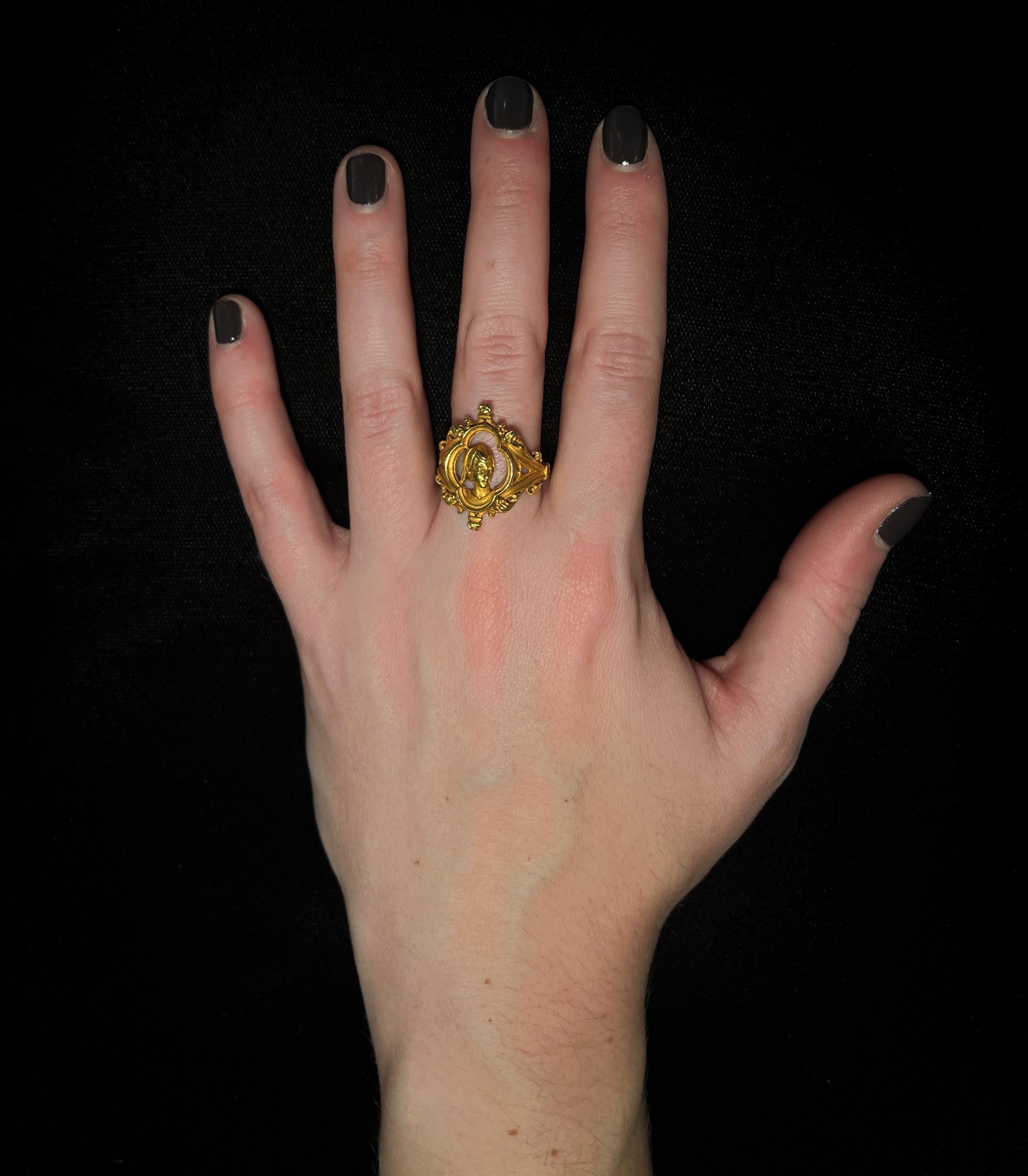 Women's or Men's Gothic Revival Gold Ring with Joan of Arc by Louis Wièse, Late 19th Century For Sale