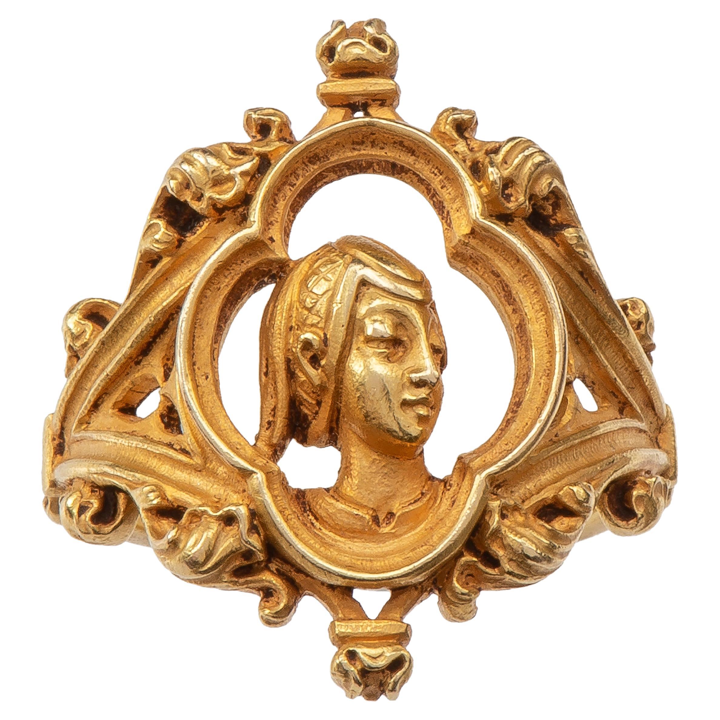 Gothic Revival Gold Ring with Joan of Arc by Louis Wièse, Late 19th Century For Sale