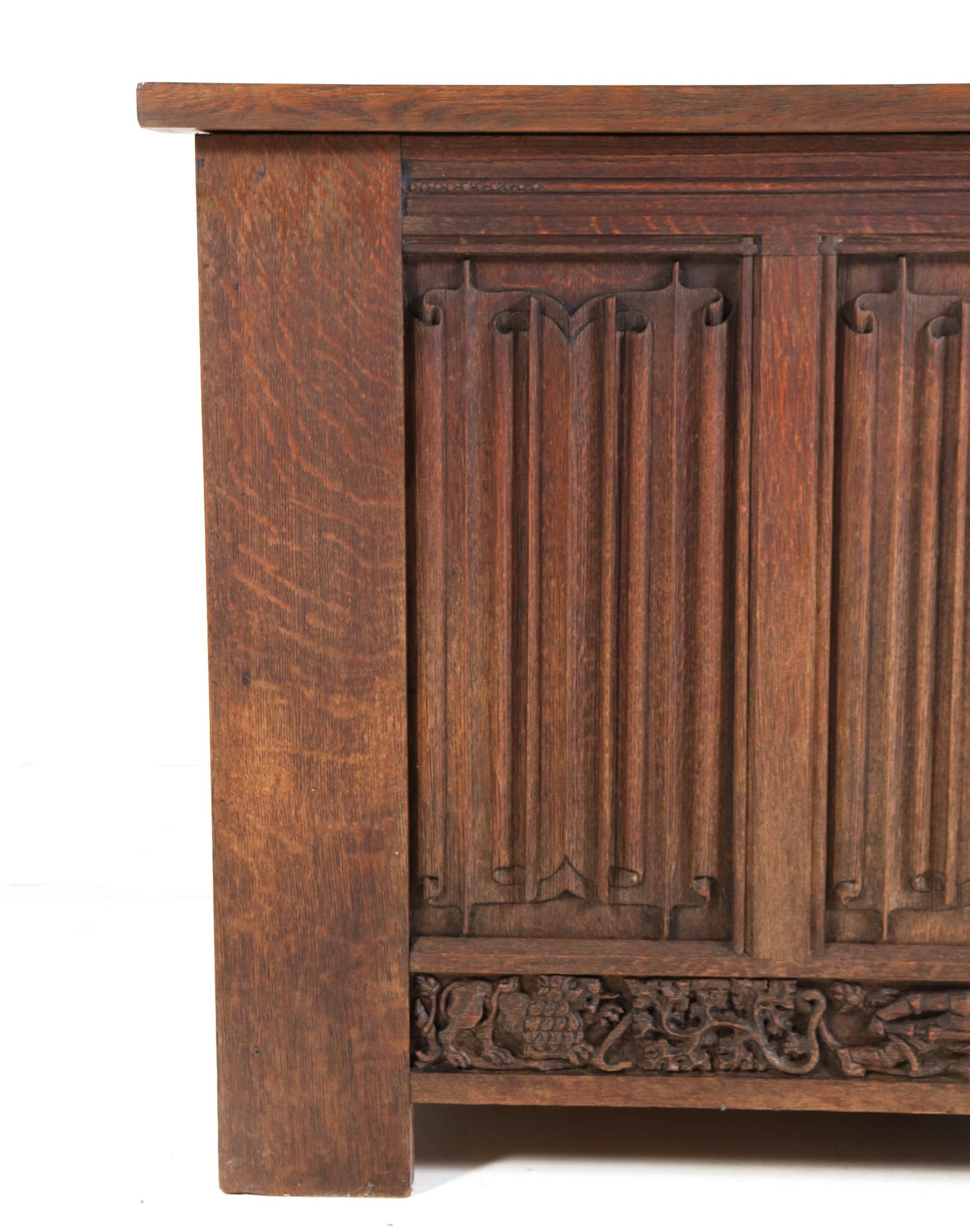  Gothic Revival Hand-Carved Oak Pedestal Desk, 1900s For Sale 8