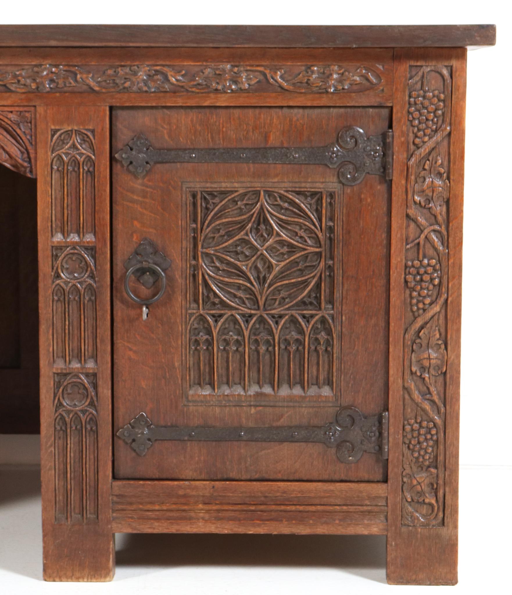  Gothic Revival Hand-Carved Oak Pedestal Desk, 1900s For Sale 10