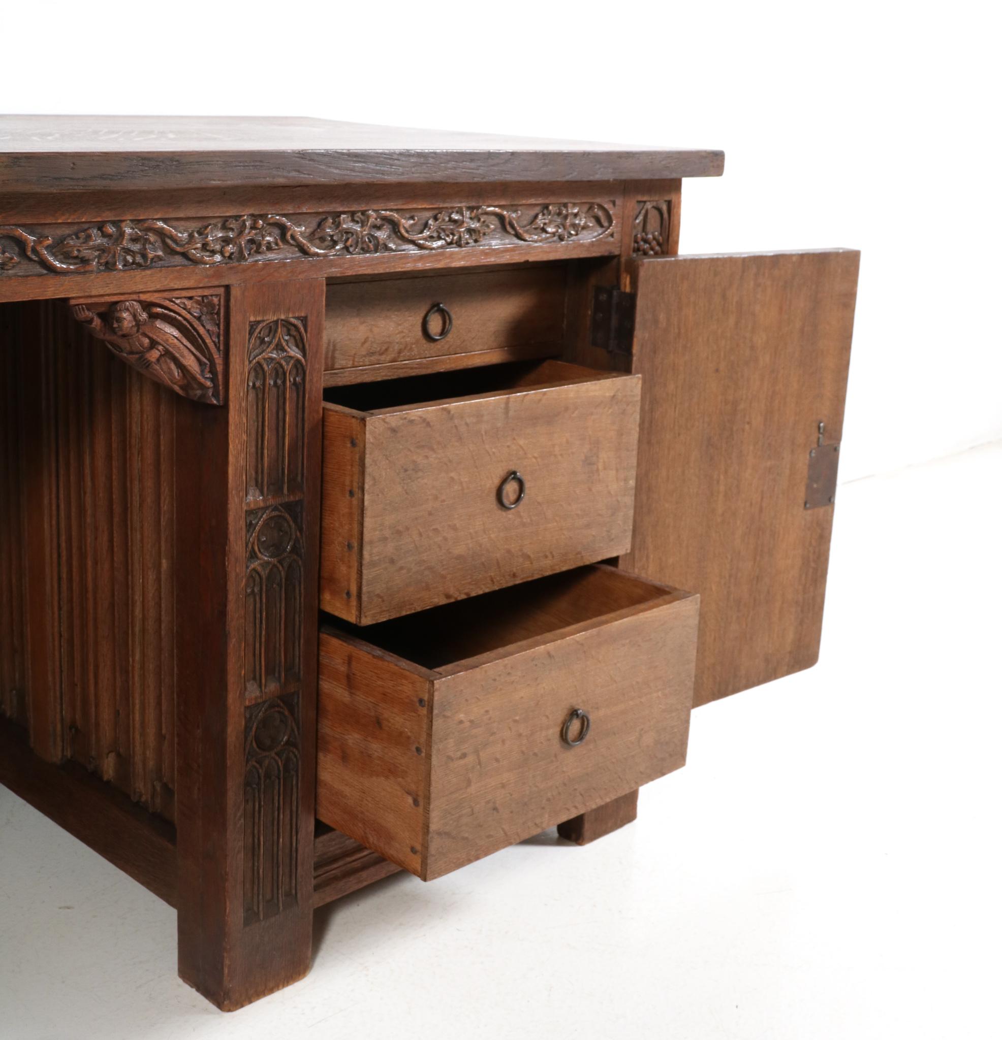 Gothic Revival Hand-Carved Oak Pedestal Desk, 1900s For Sale 11
