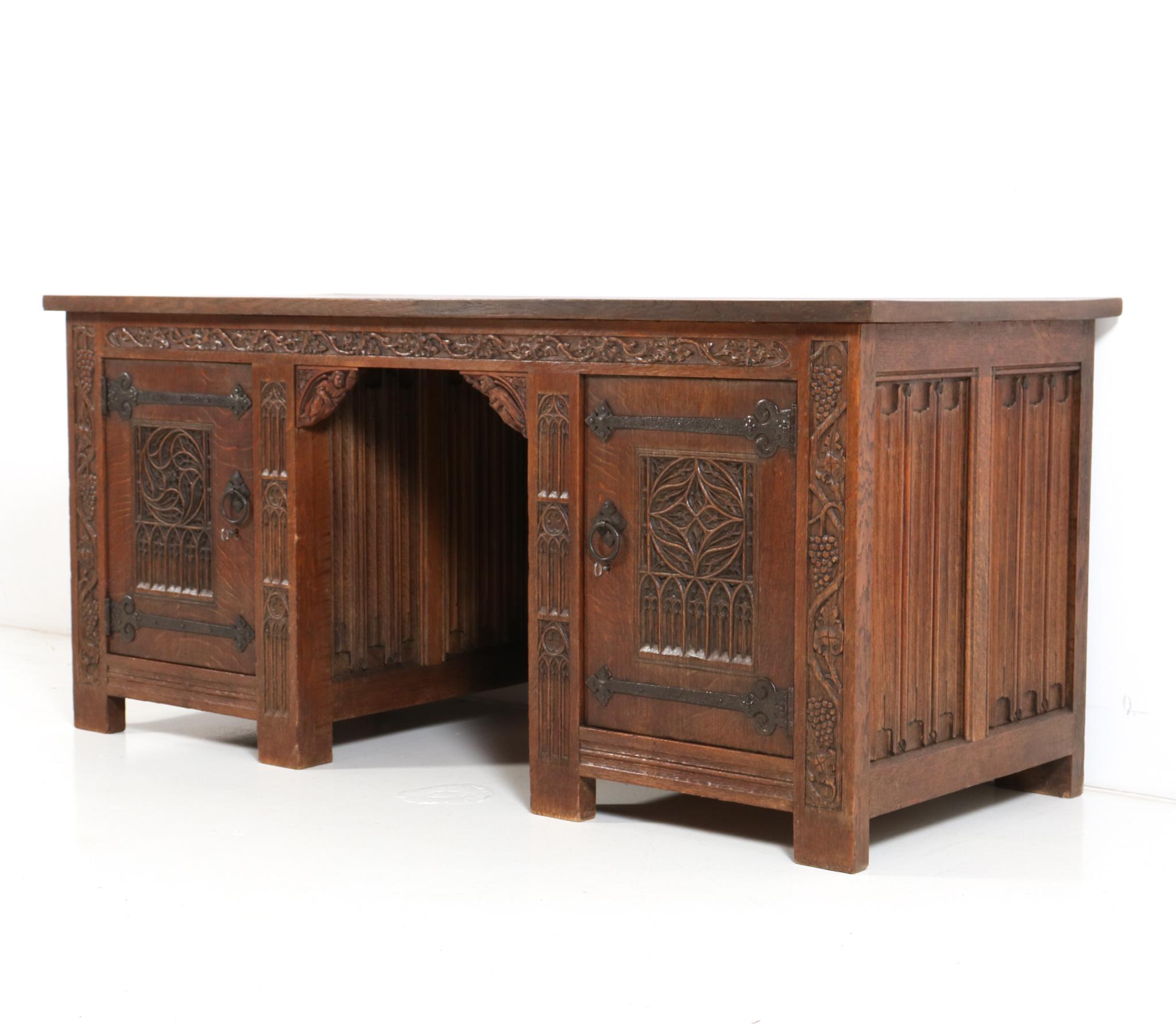 Dutch  Gothic Revival Hand-Carved Oak Pedestal Desk, 1900s For Sale