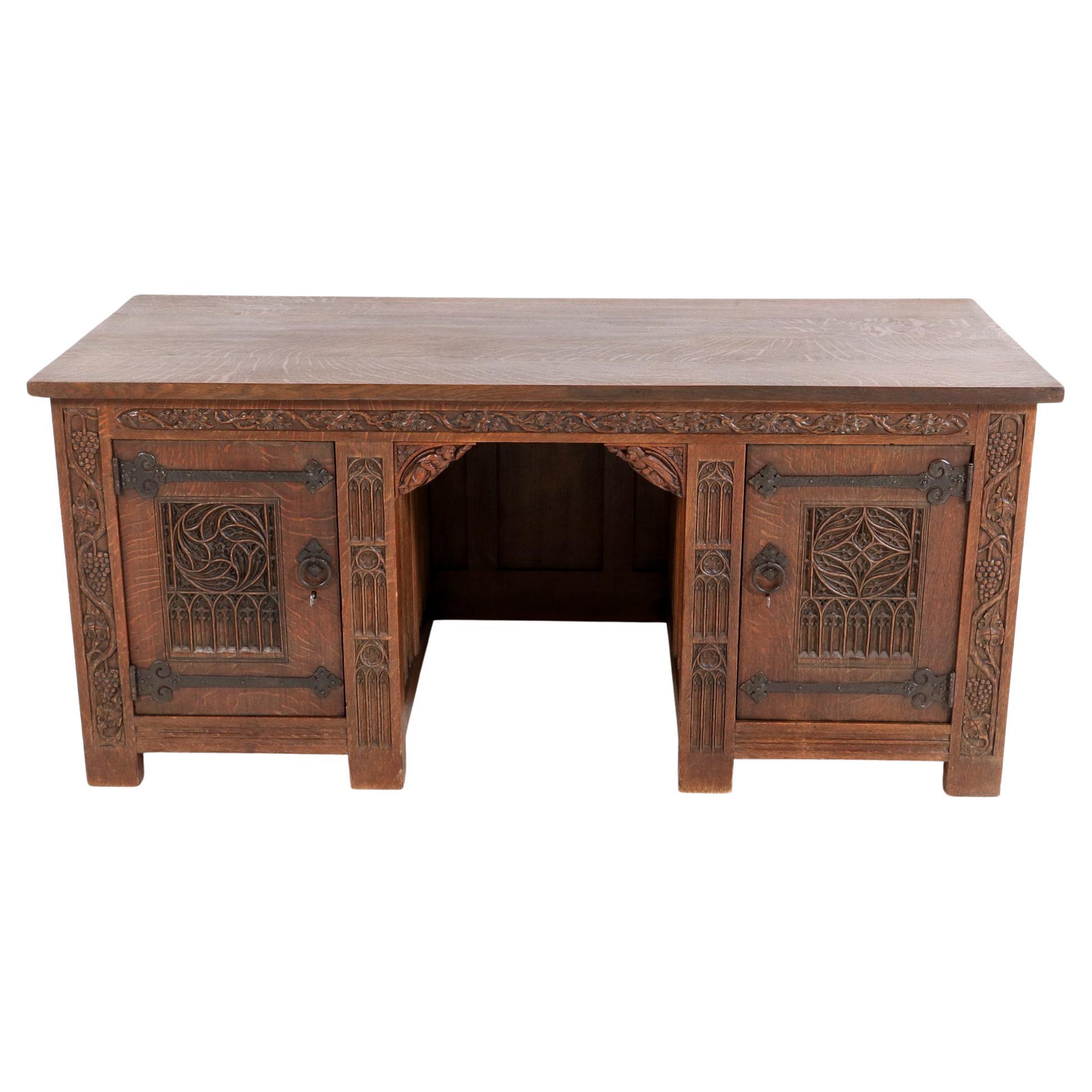  Gothic Revival Hand-Carved Oak Pedestal Desk, 1900s For Sale