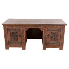 Gothic Revival Hand-Carved Oak Pedestal Desk, 1900s