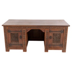 Used  Gothic Revival Hand-Carved Oak Pedestal Desk, 1900s