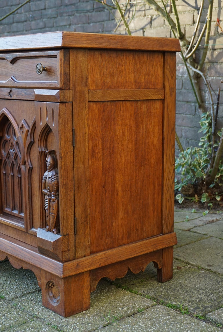 Gothic Revival Hand Carved Small Oak Credenza with Church Window Like