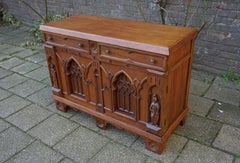 Gothic Revival Hand Carved Small Oak Credenza with Church Window Like Panels