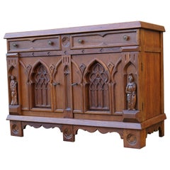 Gothic Revival Hand Carved Small Oak Credenza with Church Window Like Panels