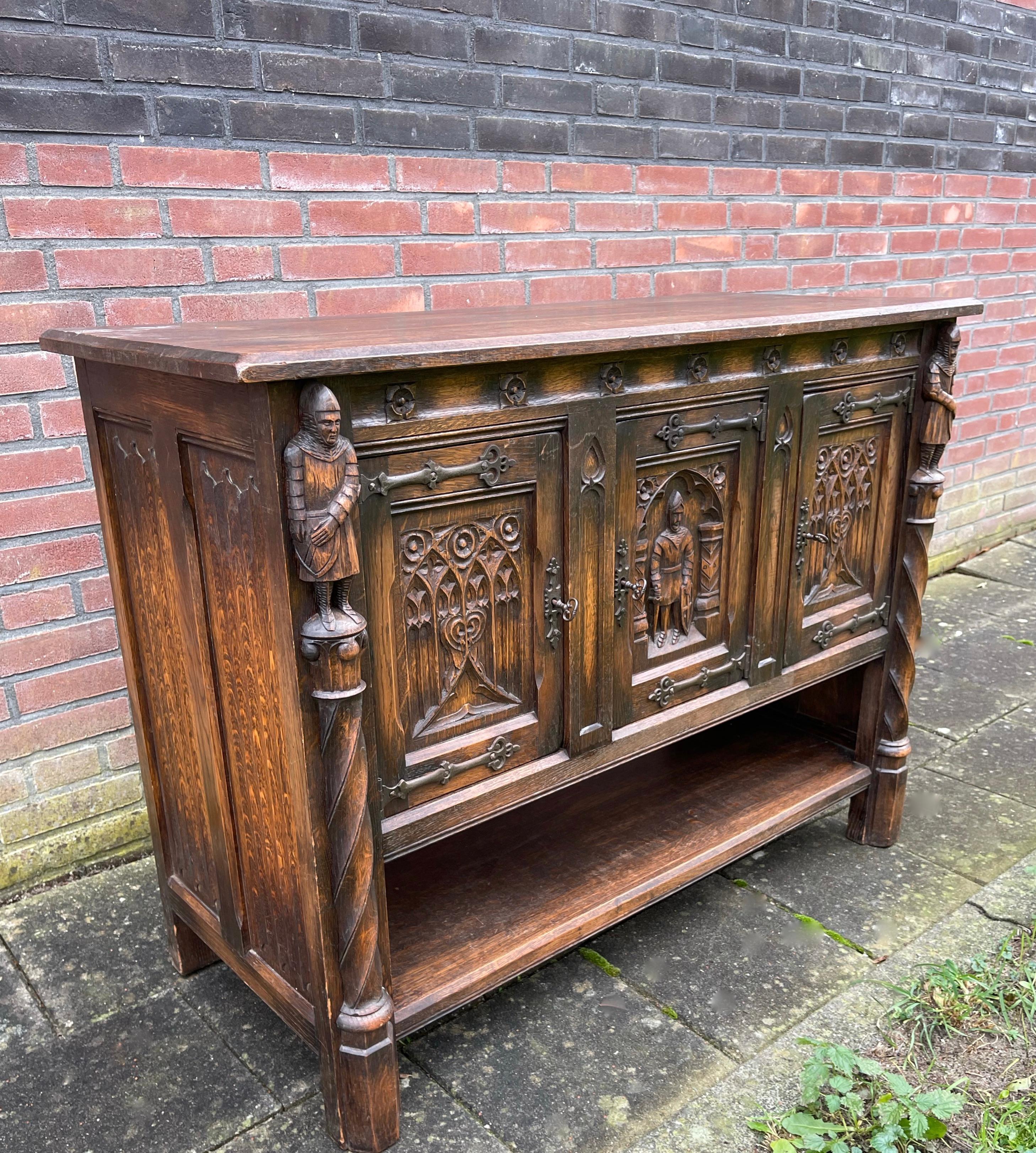 Pair Gothic Revival Hand Carved Solid Oak Credenzas with Church Panels & Knights 8