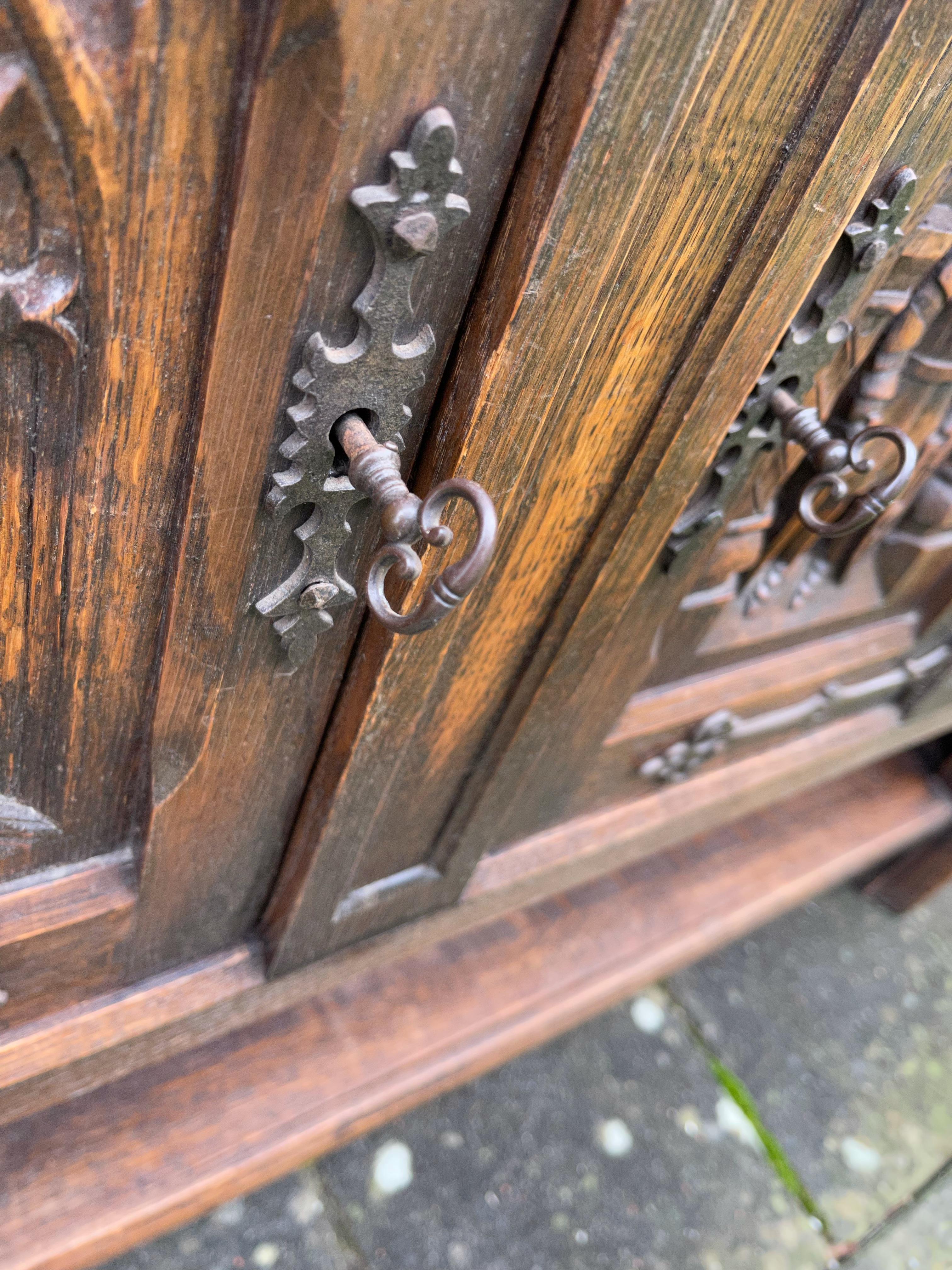 Pair Gothic Revival Hand Carved Solid Oak Credenzas with Church Panels & Knights 10