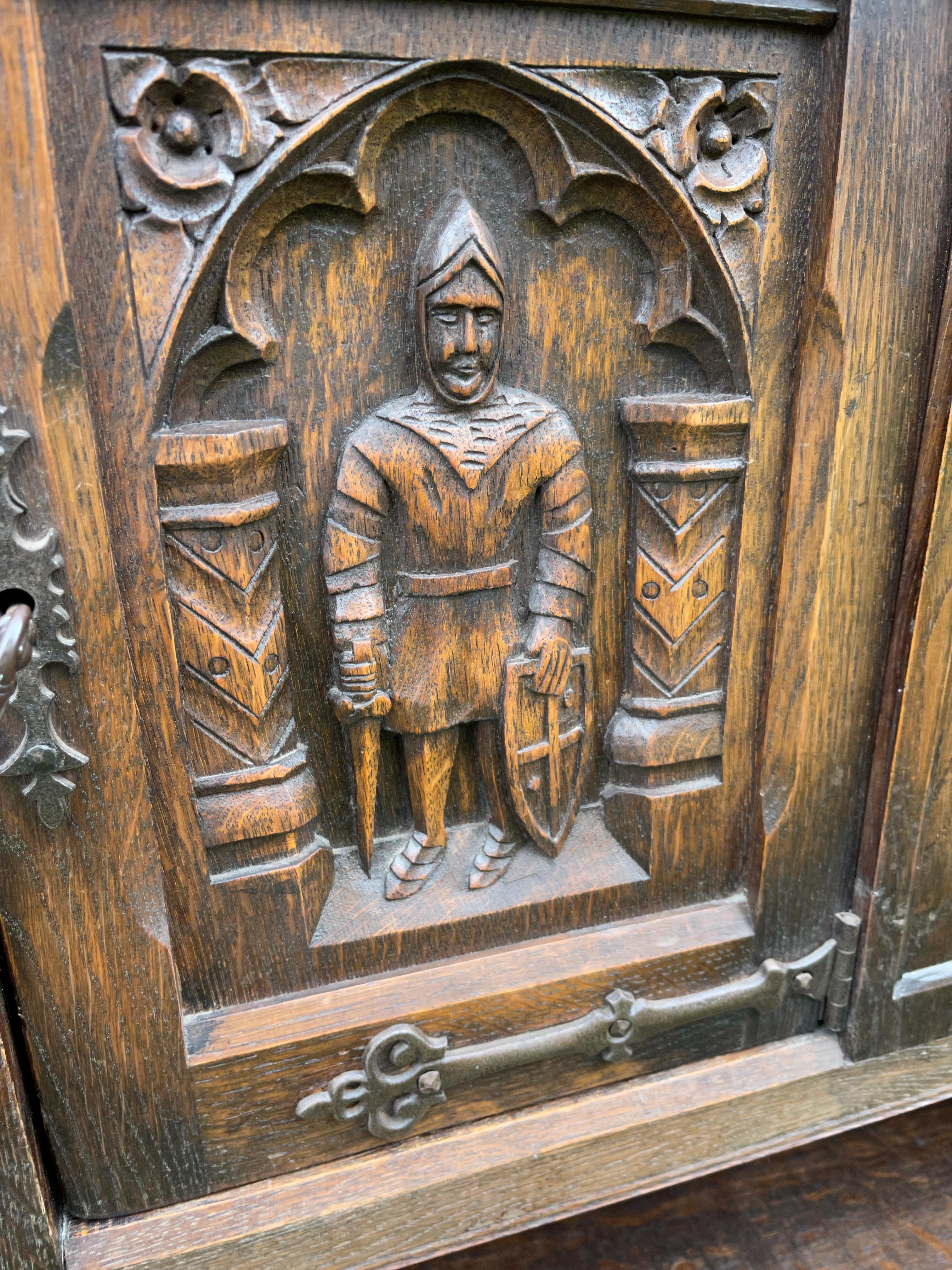 Pair Gothic Revival Hand Carved Solid Oak Credenzas with Church Panels & Knights 12