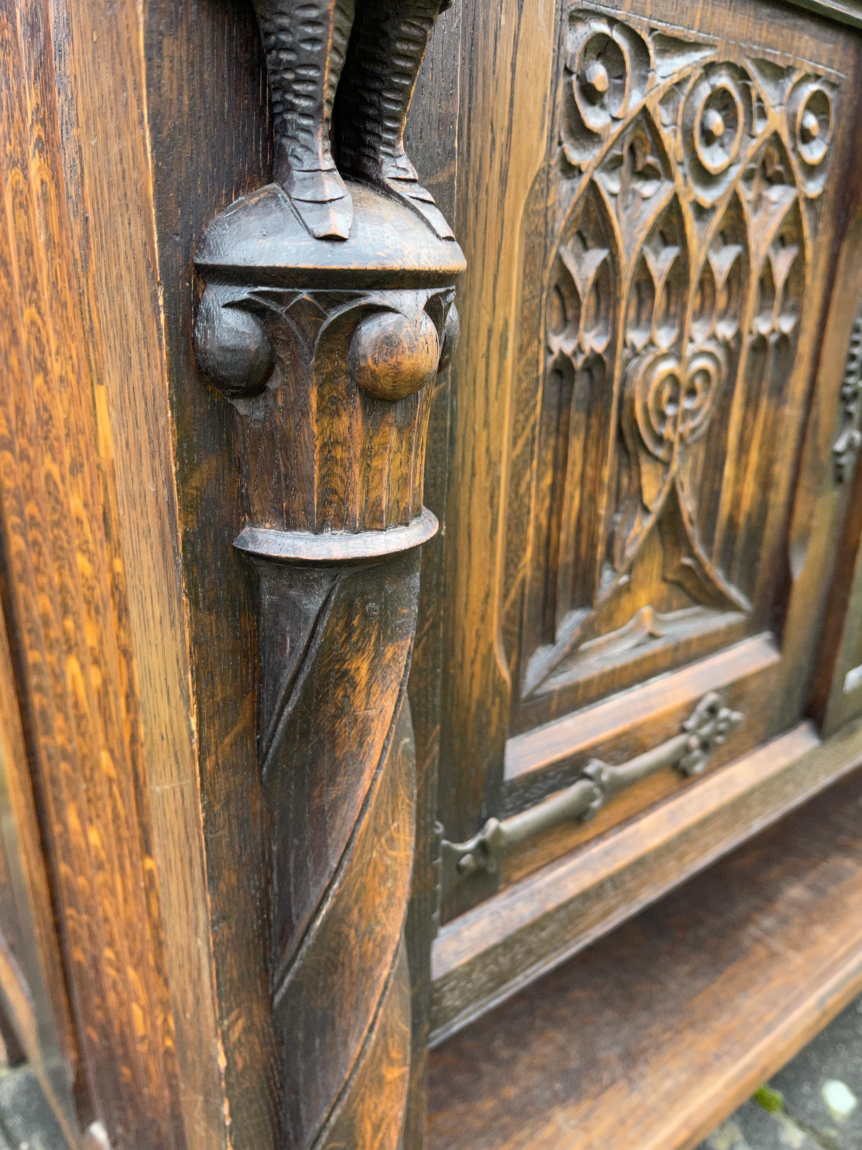 Pair Gothic Revival Hand Carved Solid Oak Credenzas with Church Panels & Knights 13