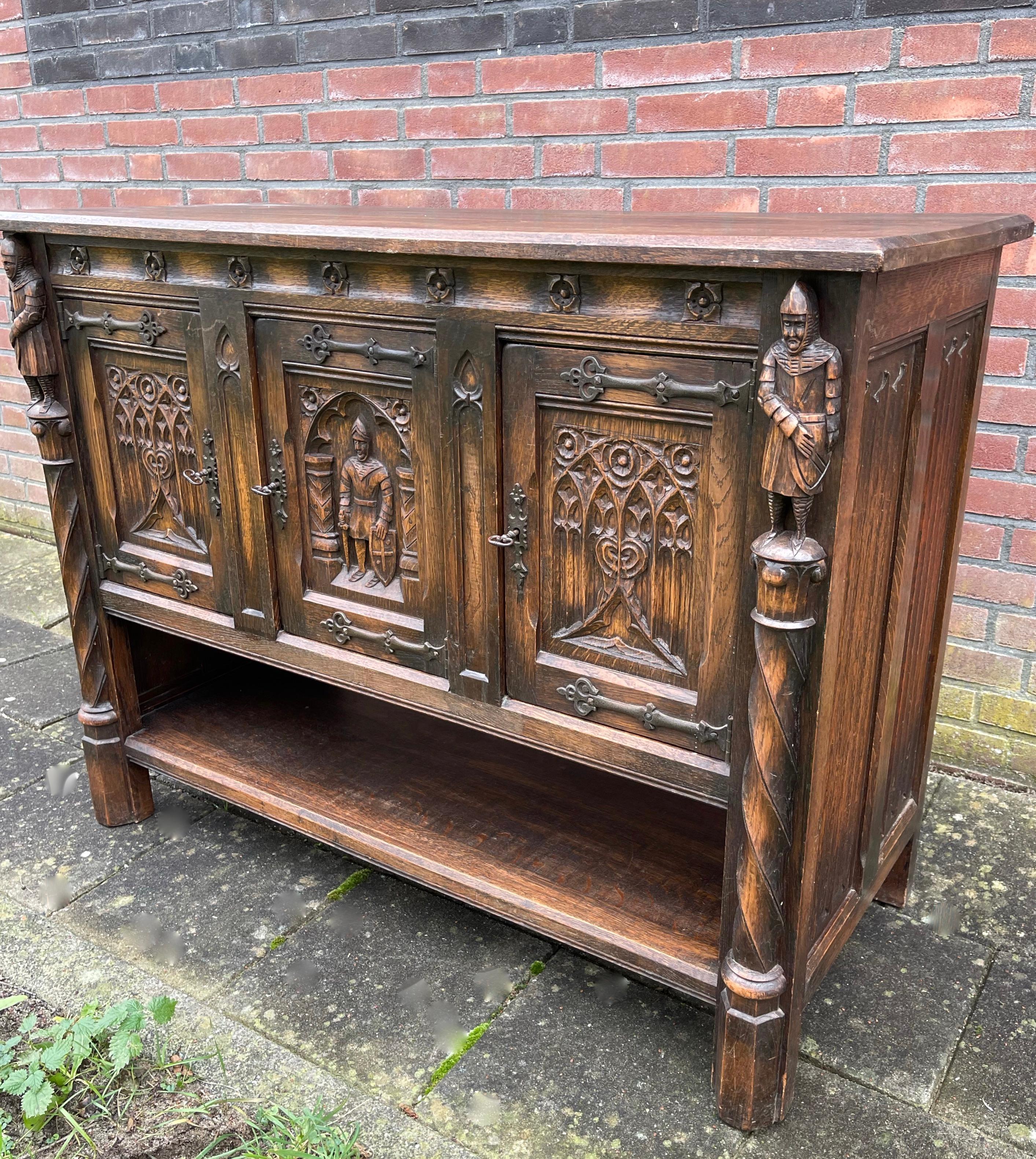 Hand-Crafted Pair Gothic Revival Hand Carved Solid Oak Credenzas with Church Panels & Knights