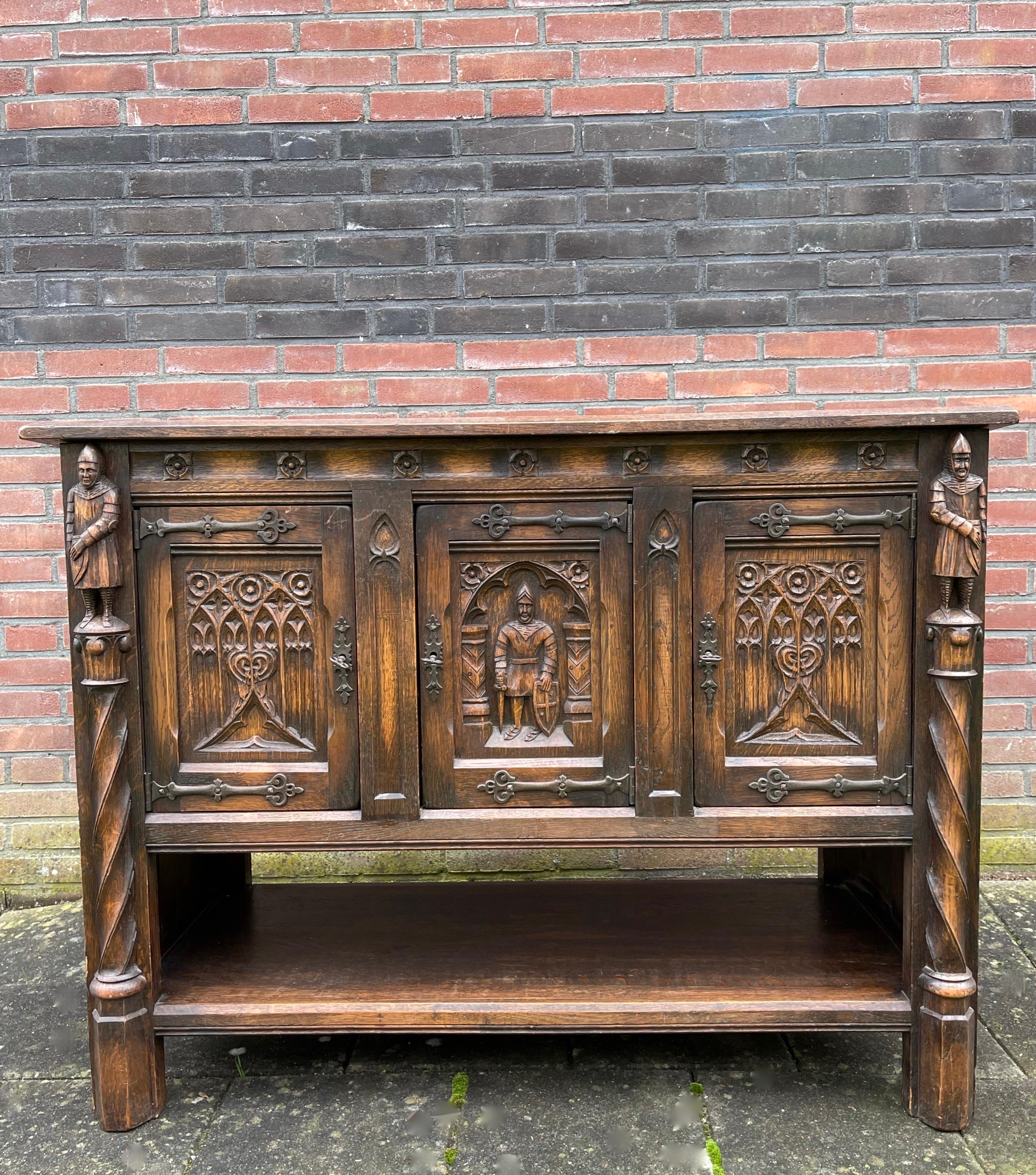 Pair Gothic Revival Hand Carved Solid Oak Credenzas with Church Panels & Knights In Good Condition In Lisse, NL