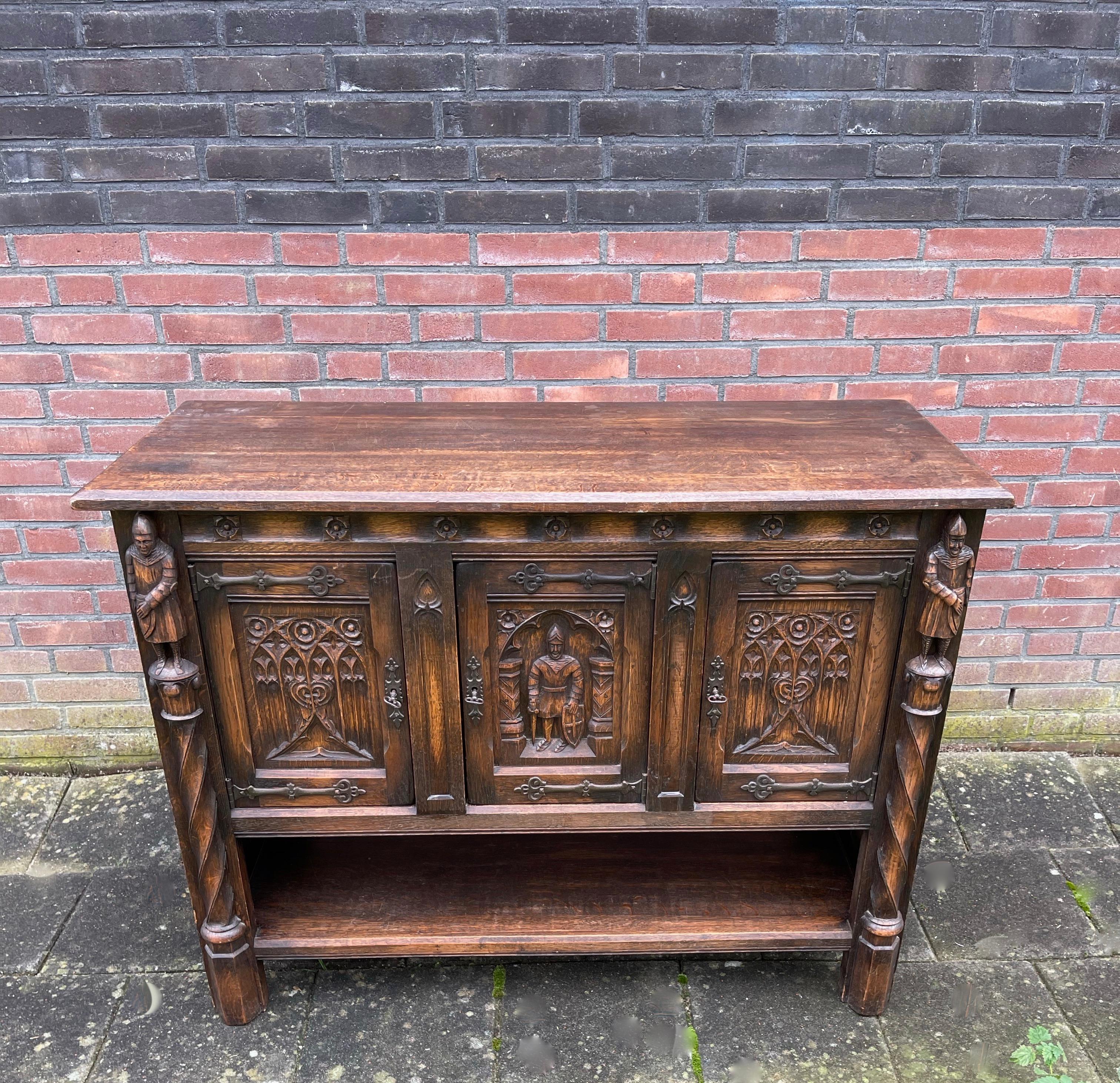 20th Century Pair Gothic Revival Hand Carved Solid Oak Credenzas with Church Panels & Knights