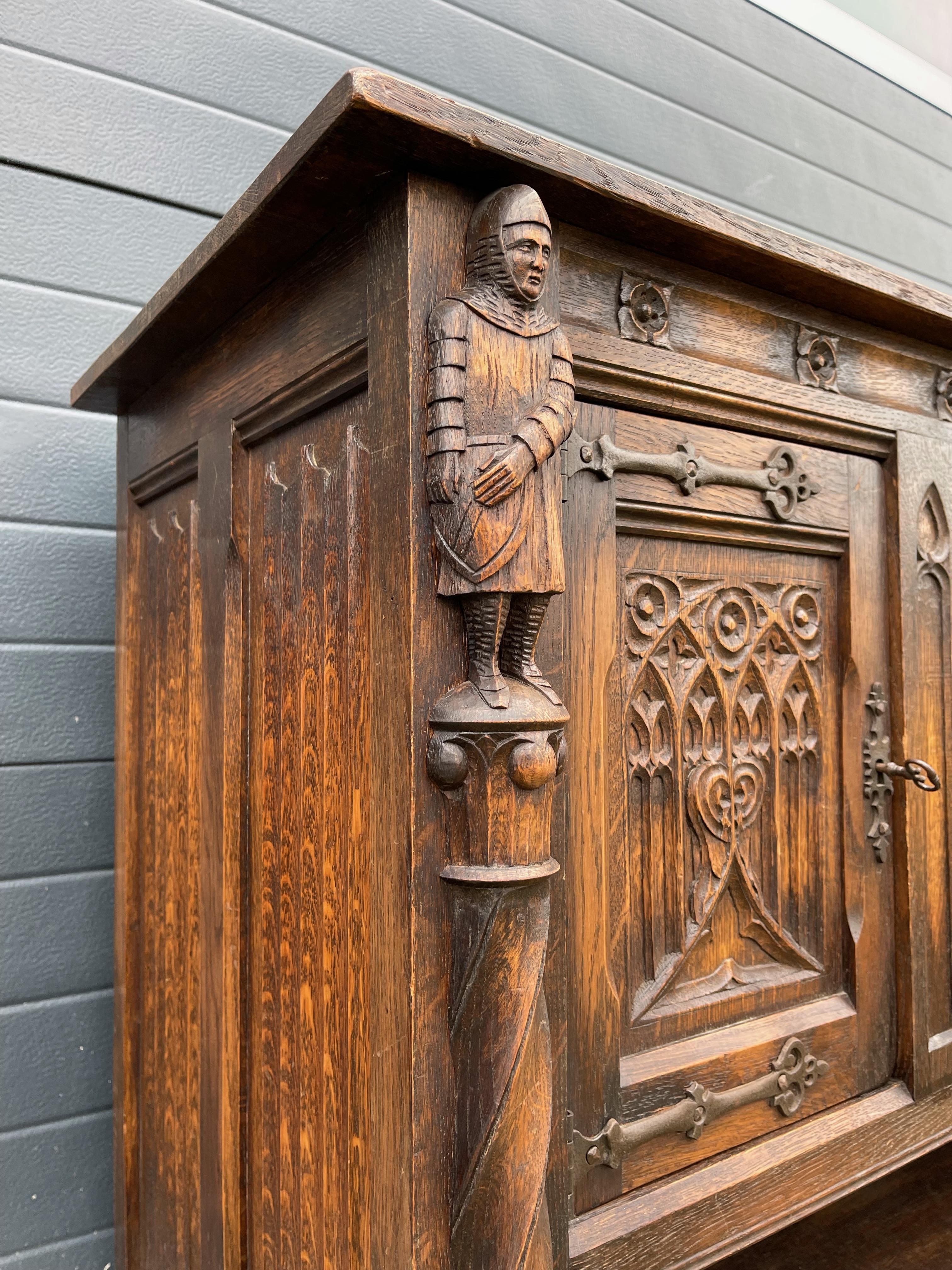 Metal Pair Gothic Revival Hand Carved Solid Oak Credenzas with Church Panels & Knights