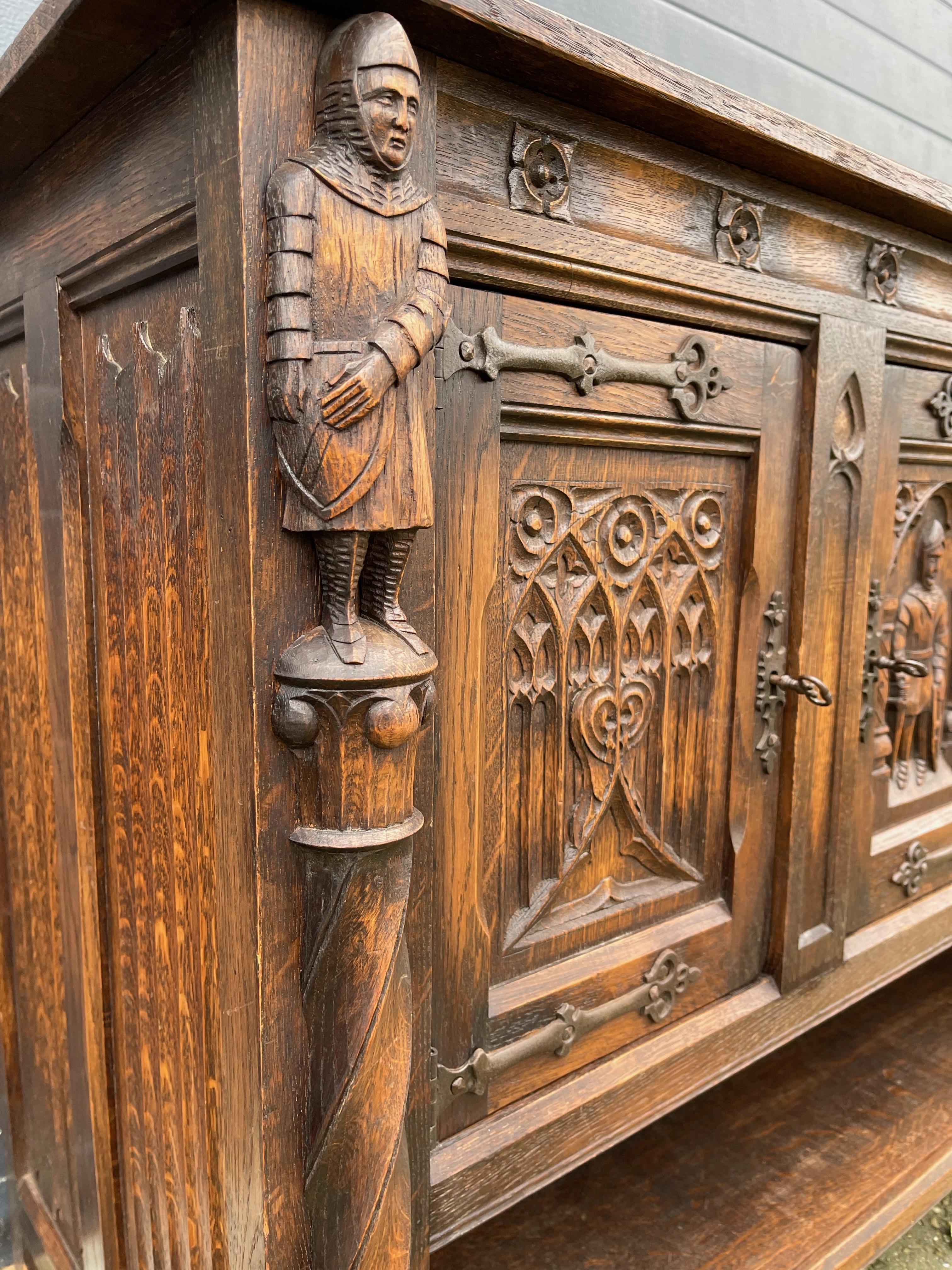 Pair Gothic Revival Hand Carved Solid Oak Credenzas with Church Panels & Knights 1