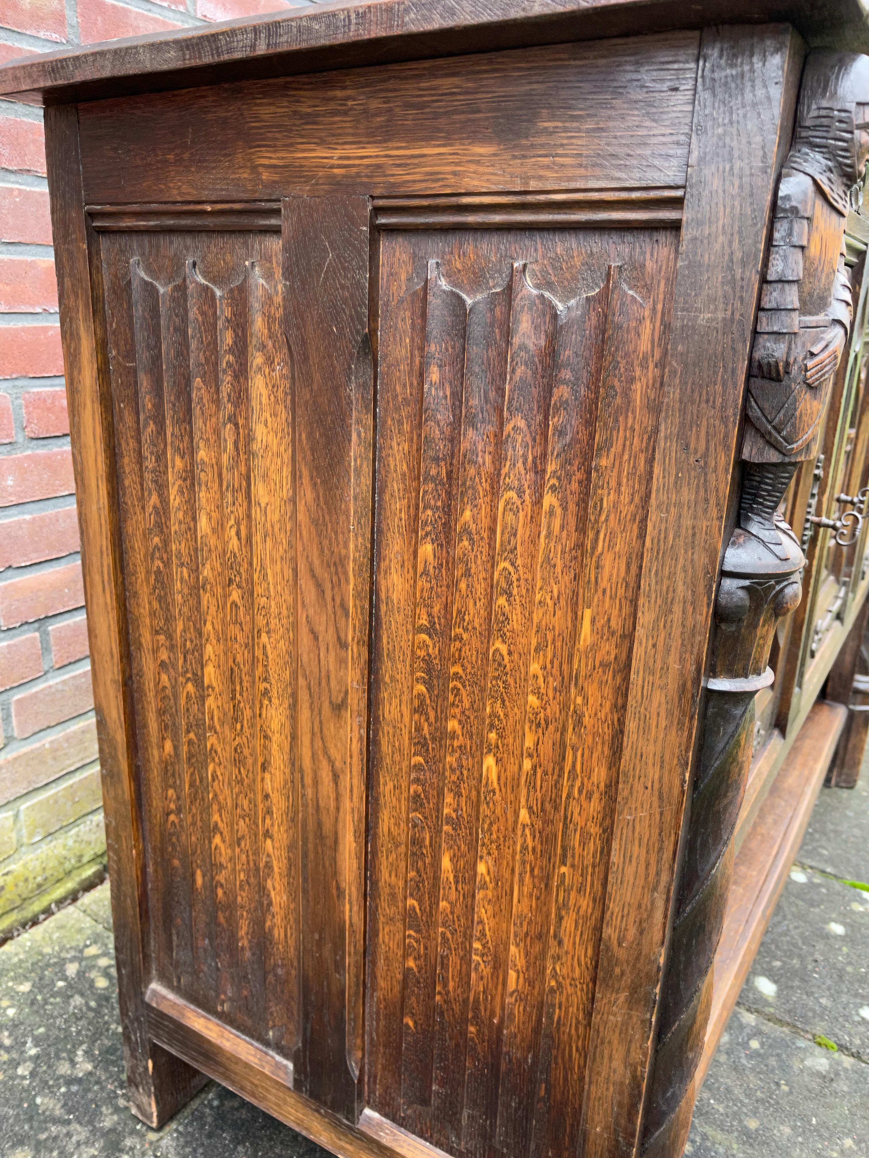 Pair Gothic Revival Hand Carved Solid Oak Credenzas with Church Panels & Knights 3