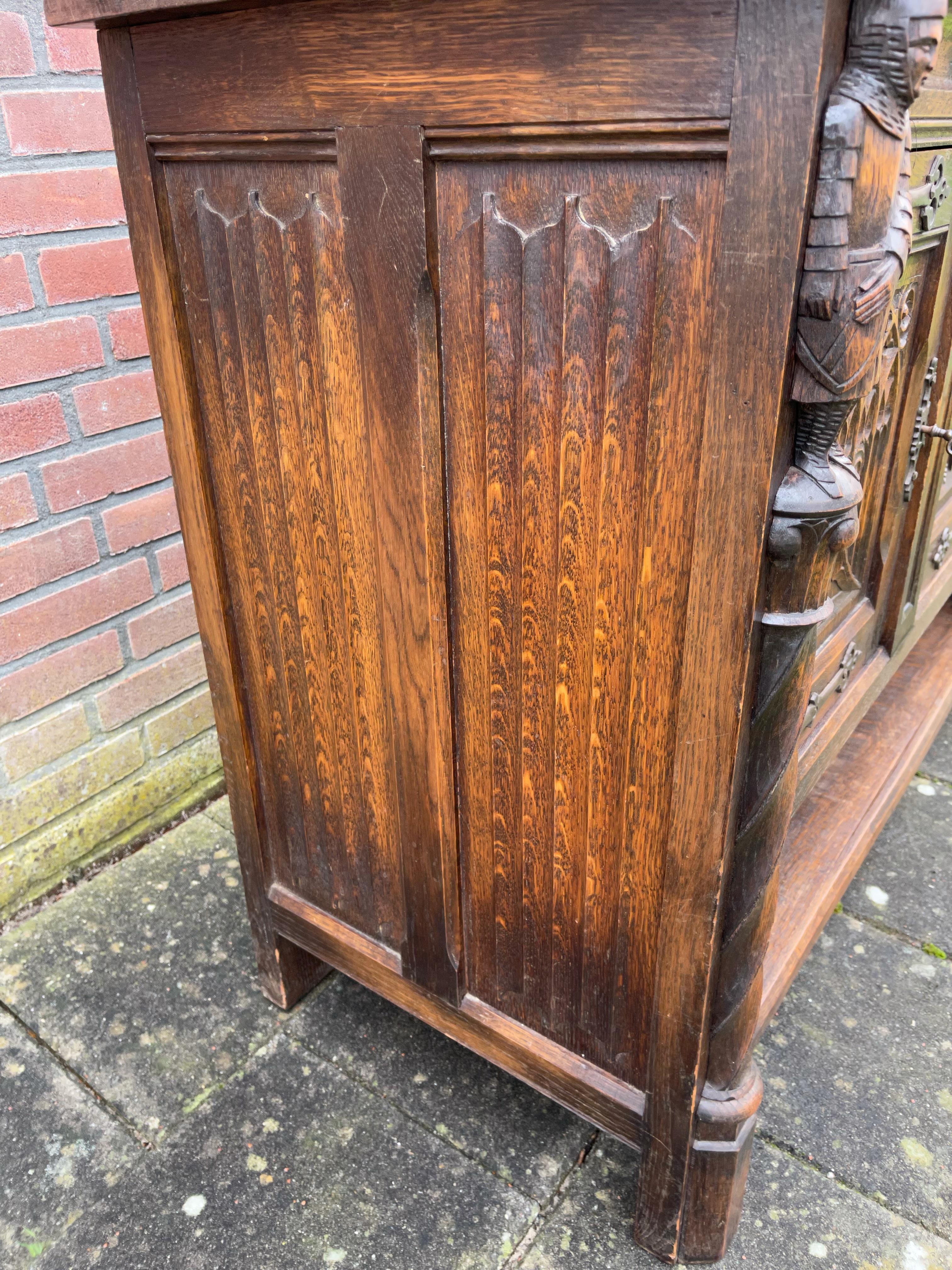 Pair Gothic Revival Hand Carved Solid Oak Credenzas with Church Panels & Knights 4