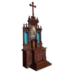 Gothic Revival Handmade Solid Oak Miniature Church Altar with Accessories