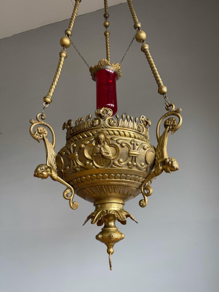 Gothic Revival Heavy Bronze Sanctuary Lamp / Pendant with Glass Candle Holder For Sale at 1stDibs