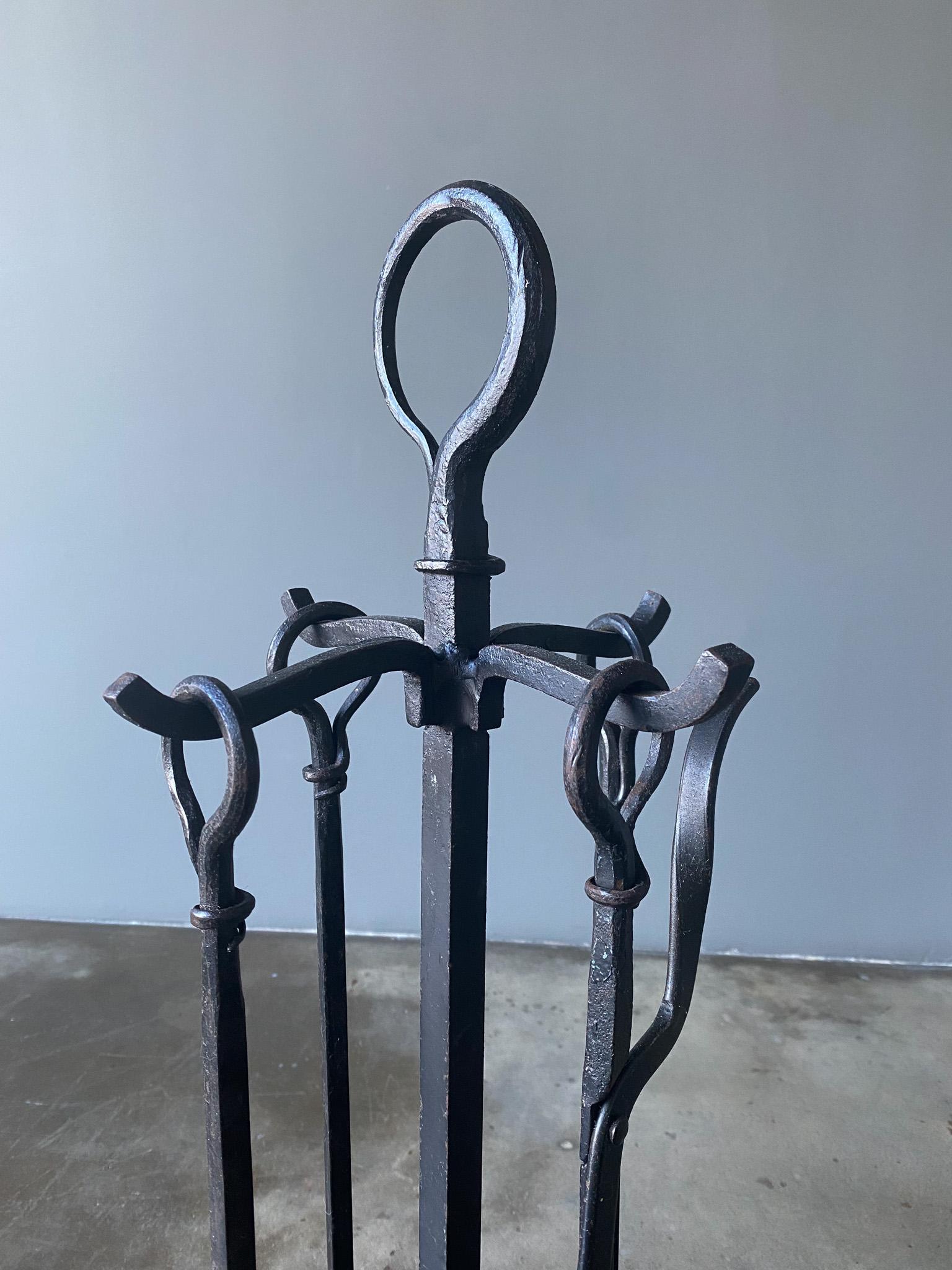 Gothic Revival Iron Fireplace Tools Set, 1950's  In Good Condition In Costa Mesa, CA