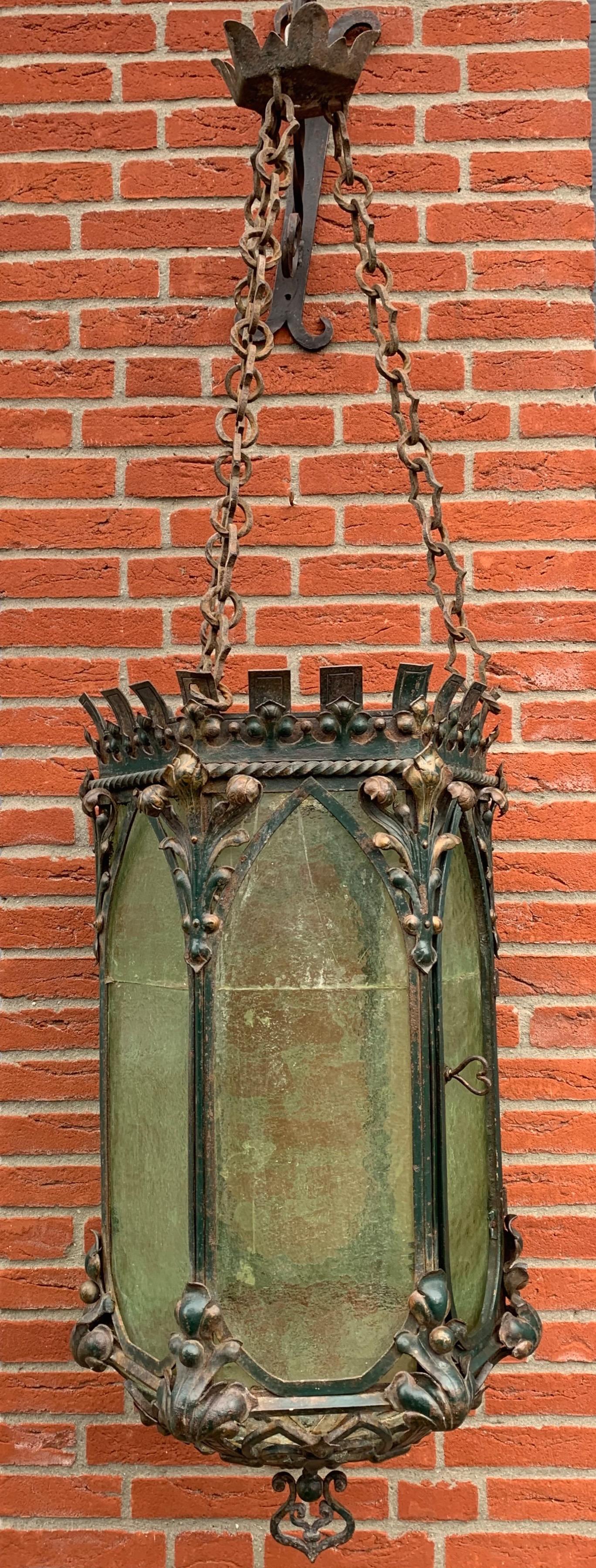 Gothic Revival Medieval Style Extra Large Wrought Iron & Cathedral Glass Lantern 7