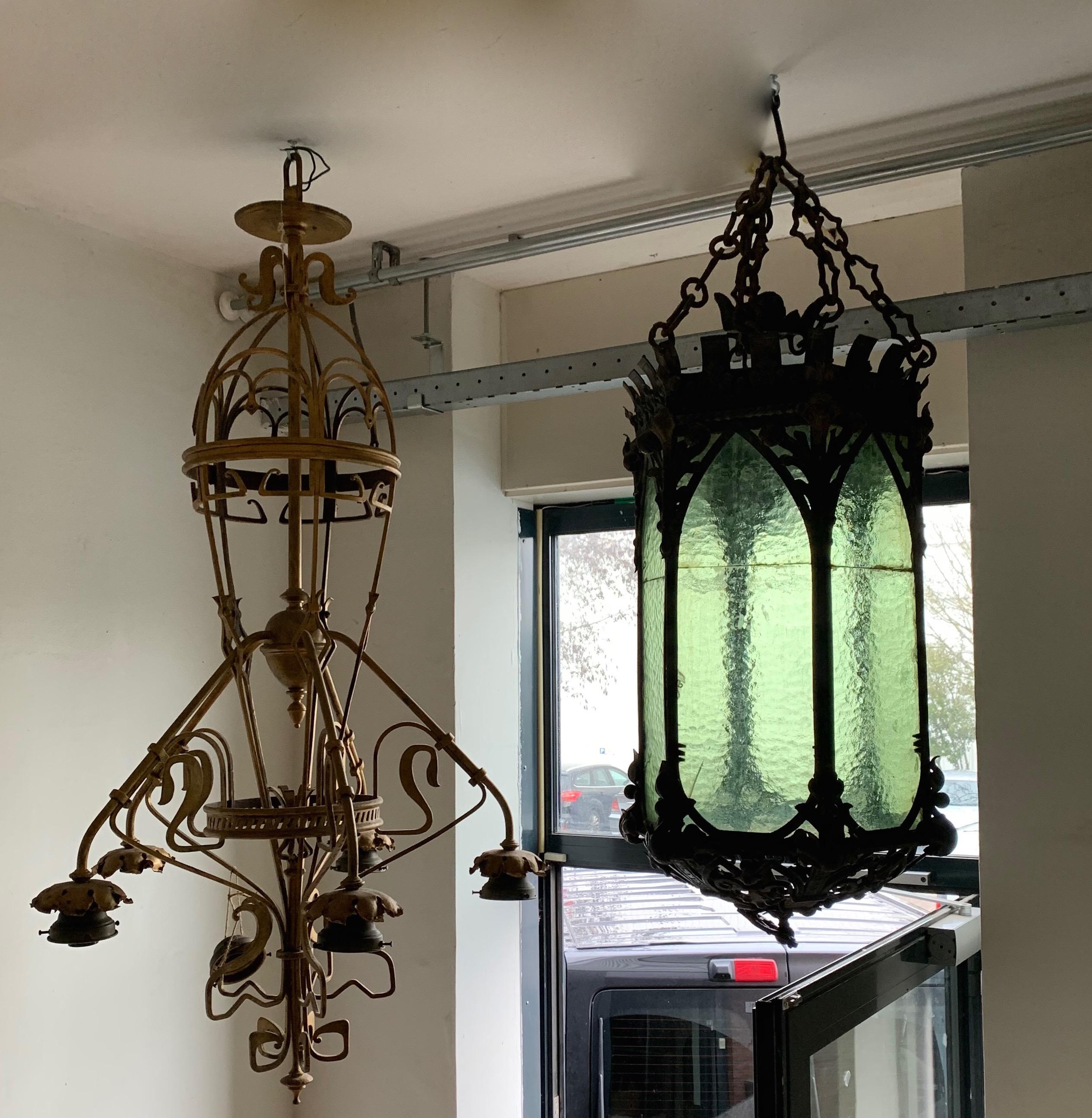 Gothic Revival Medieval Style Extra Large Wrought Iron & Cathedral Glass Lantern In Good Condition In Lisse, NL
