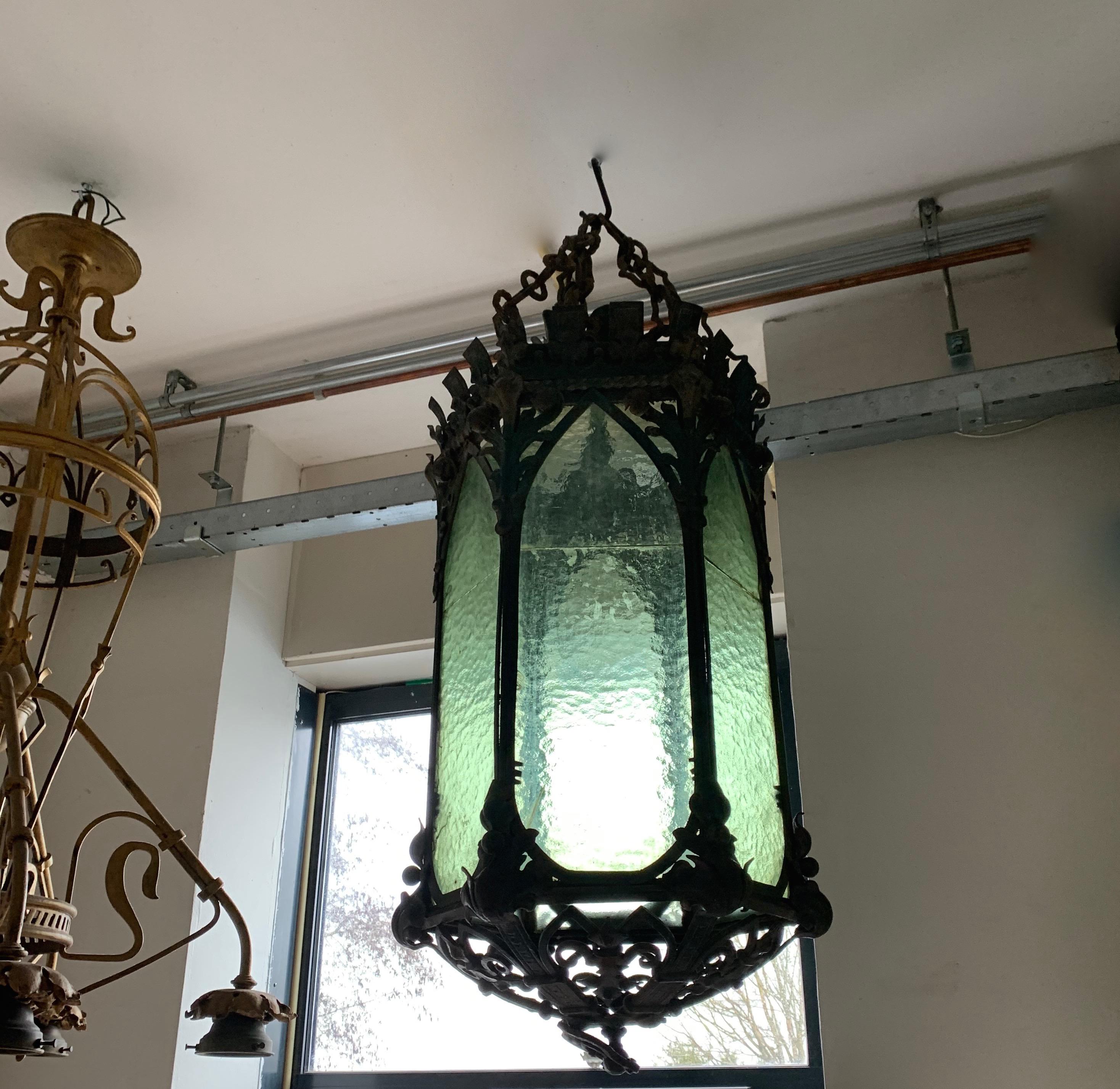 19th Century Gothic Revival Medieval Style Extra Large Wrought Iron & Cathedral Glass Lantern