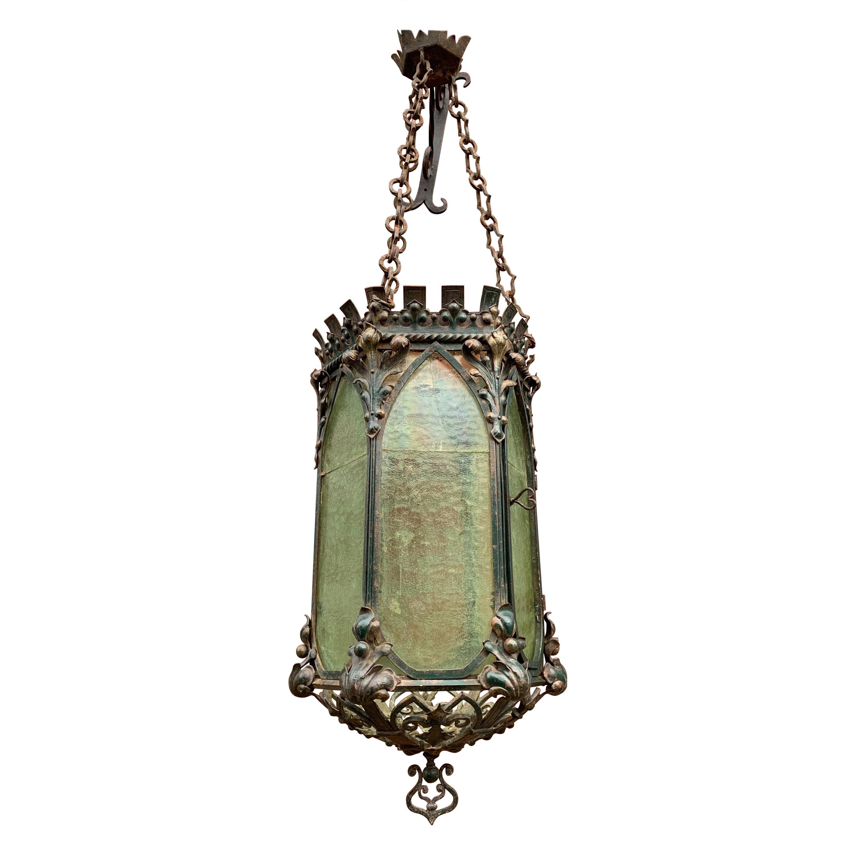 Gothic Revival Medieval Style Extra Large Wrought Iron & Cathedral Glass Lantern