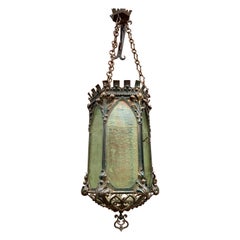 Antique Gothic Revival Medieval Style Extra Large Wrought Iron & Cathedral Glass Lantern