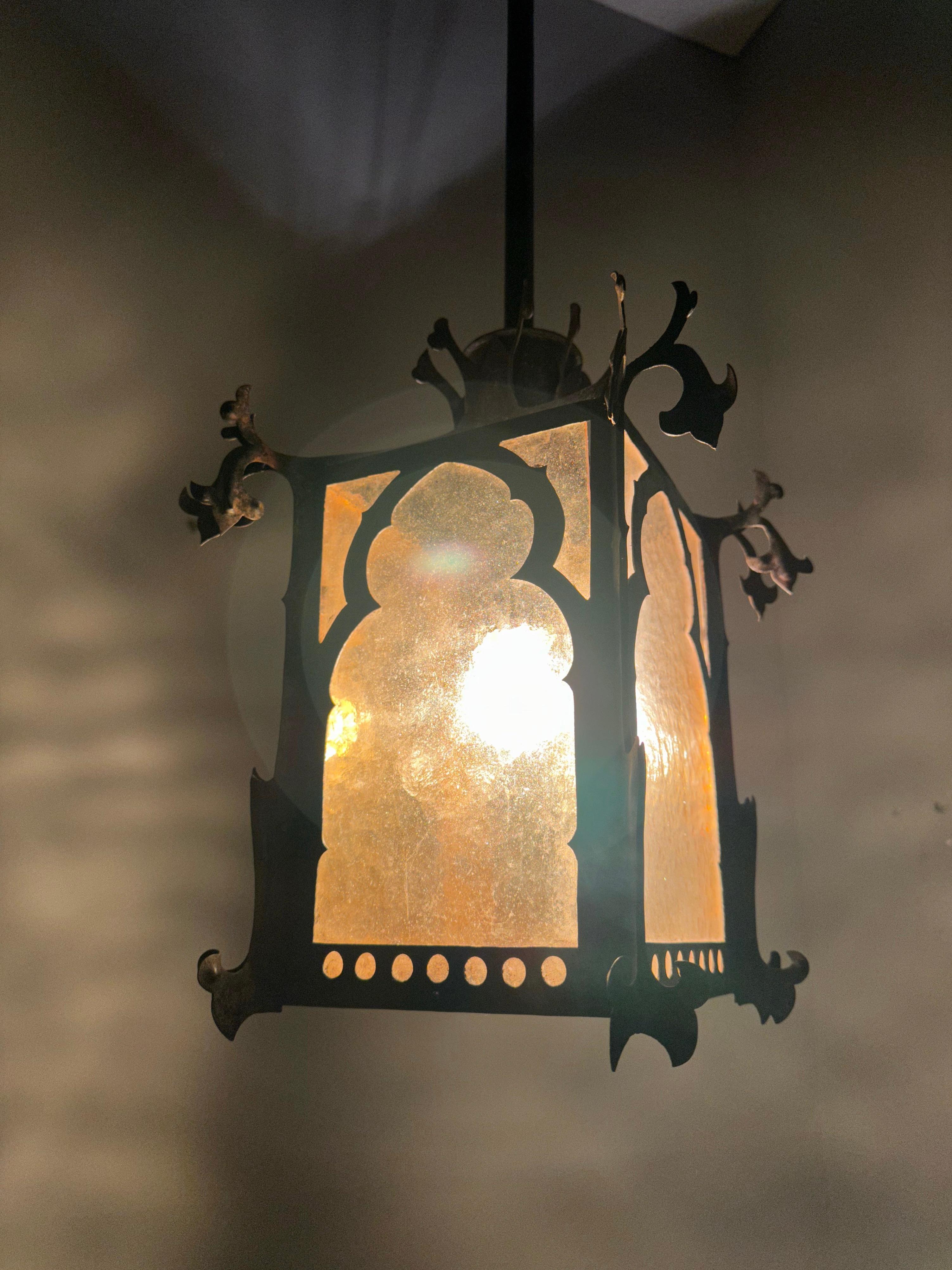 Gothic Revival Medieval Style Good Size Iron & Cathedral Glass Lantern / Fixture For Sale 6